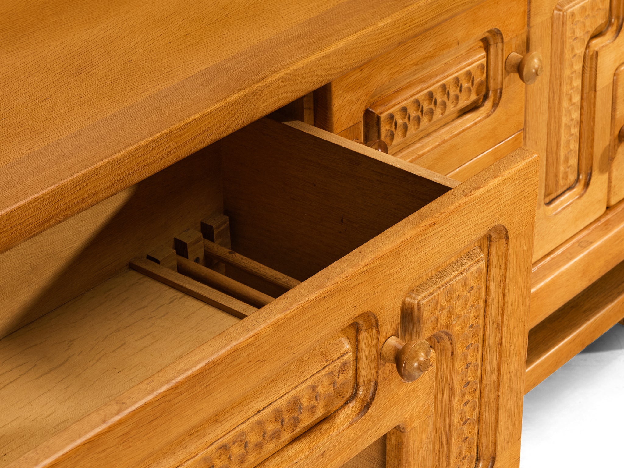 Guillerme & Chambron Angular Carved Sideboard in Solid Oak