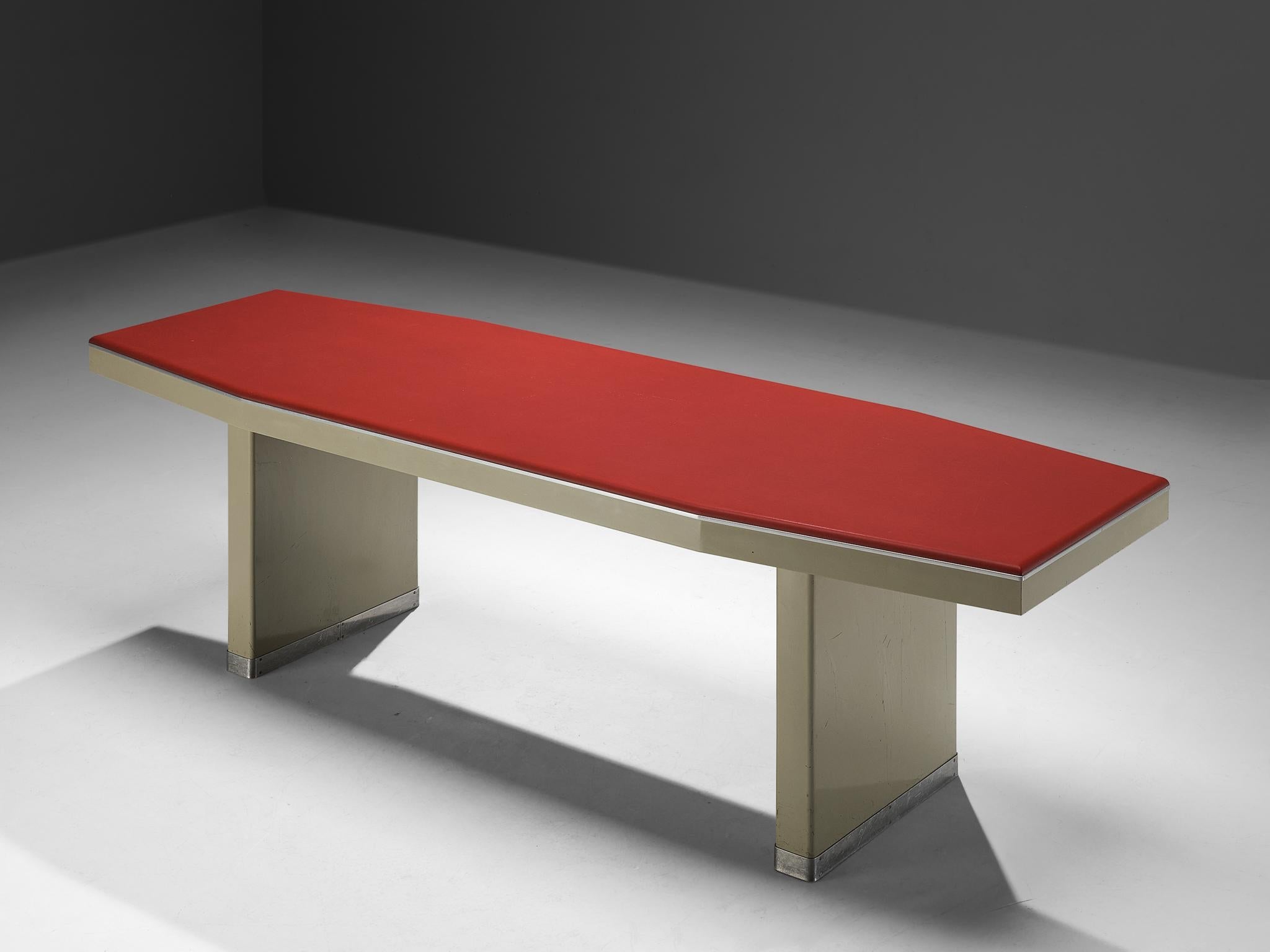 1950s Industrial Italian Dining Table with Red Top and Light Grey Frame