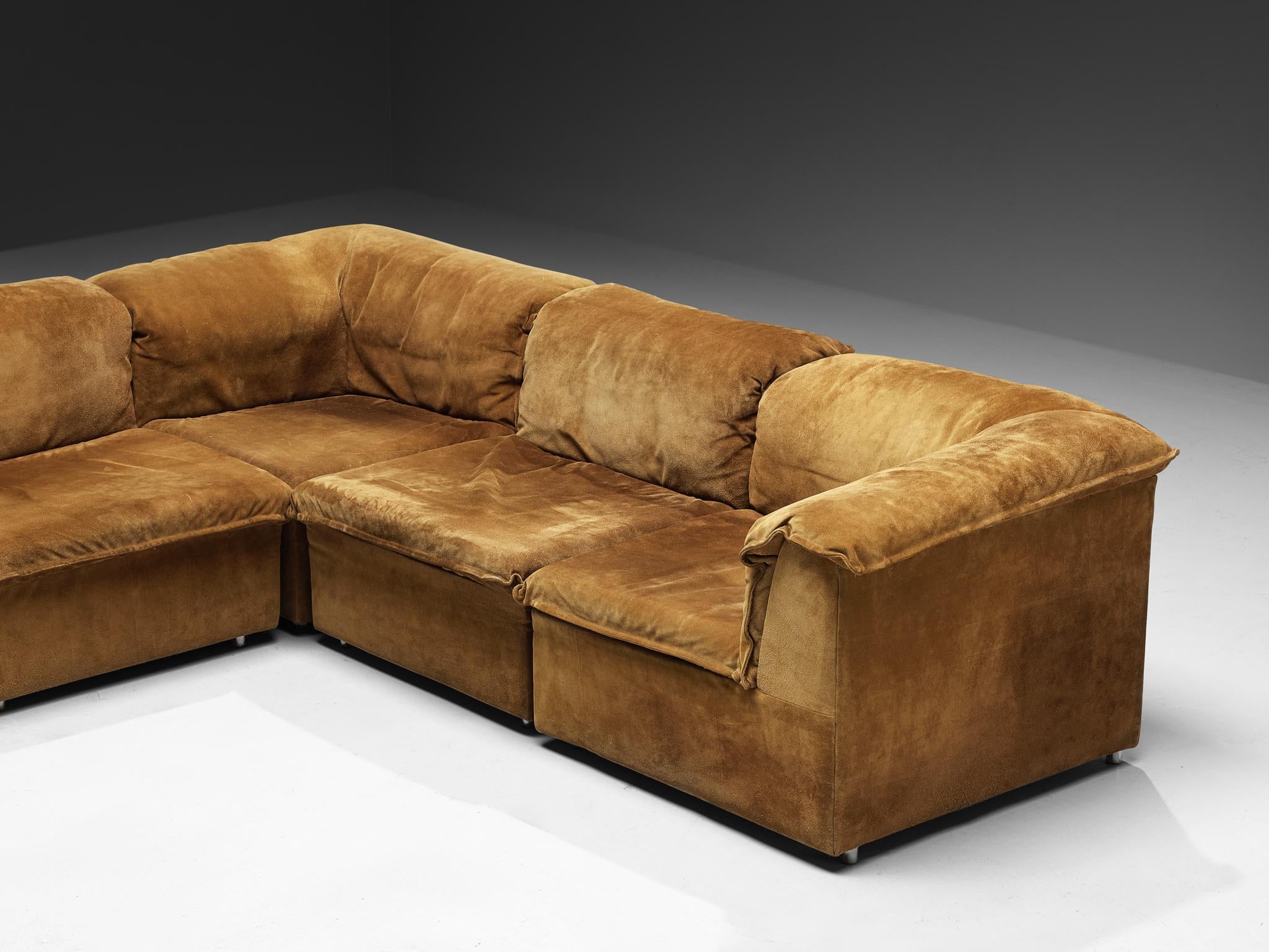 Postmodern Modular Sofa in Cognac Suede