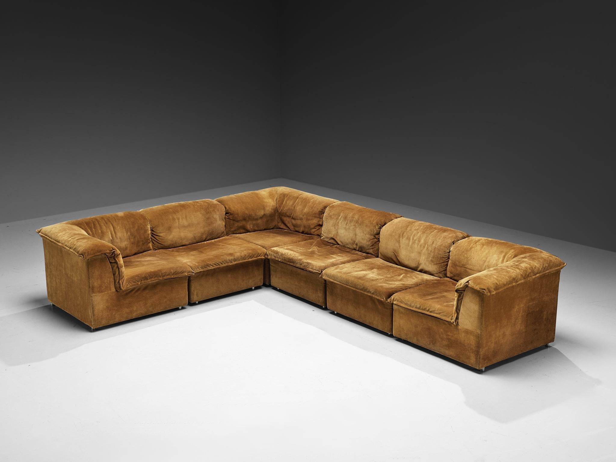 Postmodern Modular Sofa in Cognac Suede