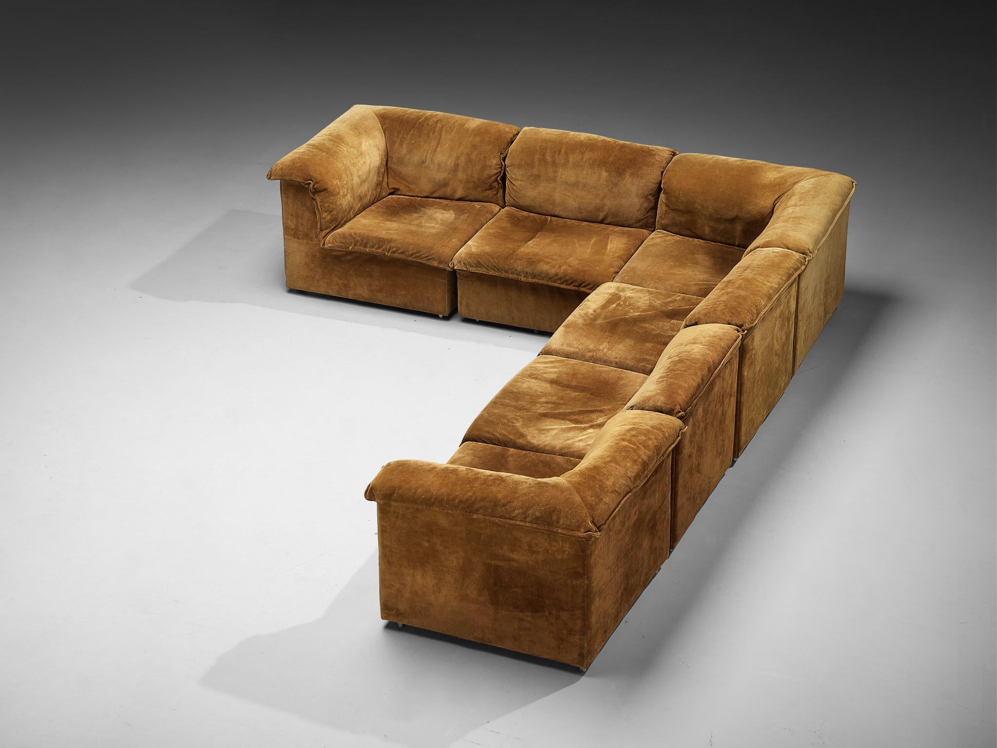 Postmodern Modular Sofa in Cognac Suede