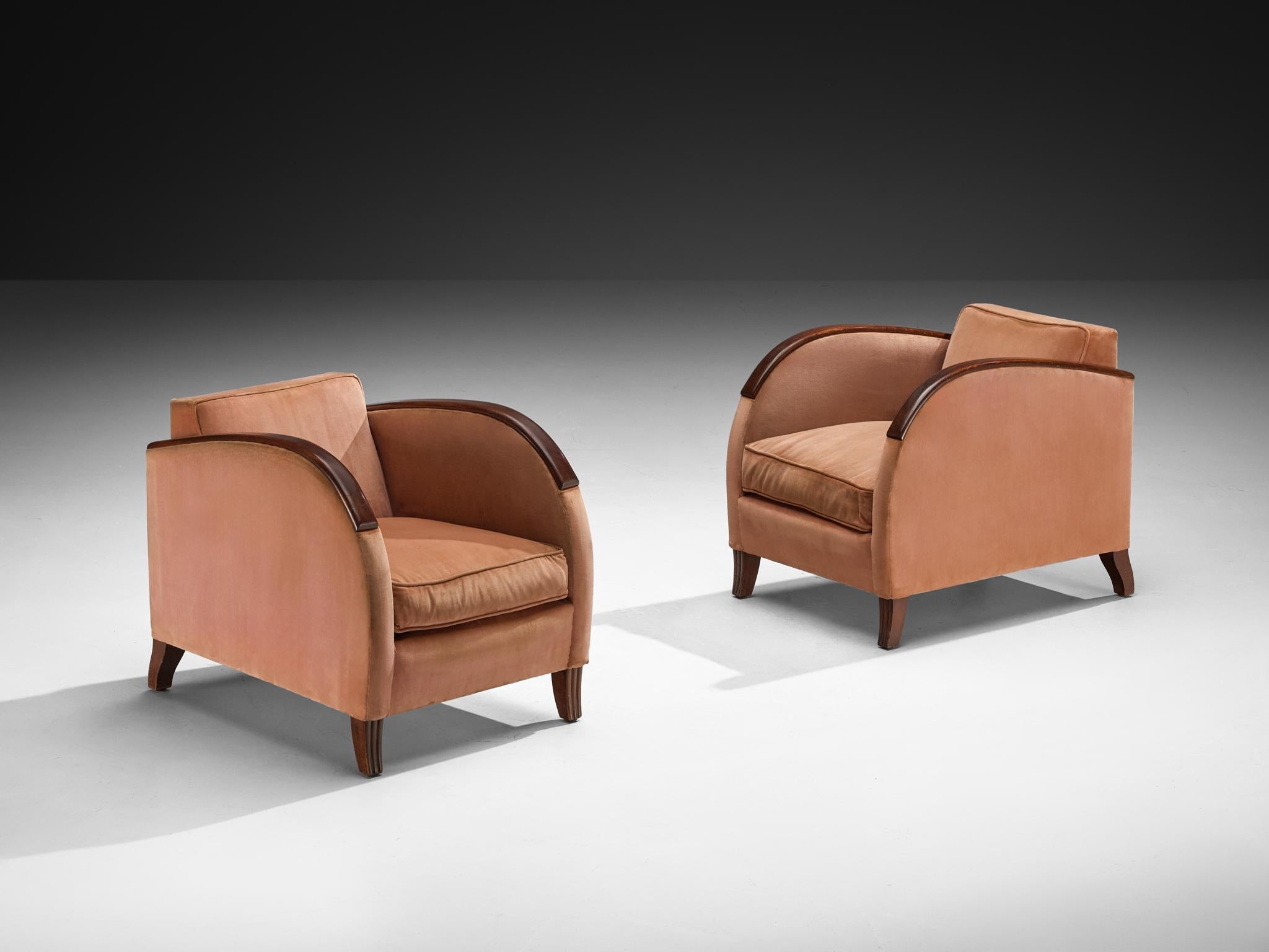 Rare Victor Courtray Pair of Lounge Chairs in in Dusty Pink Velvet & Walnut