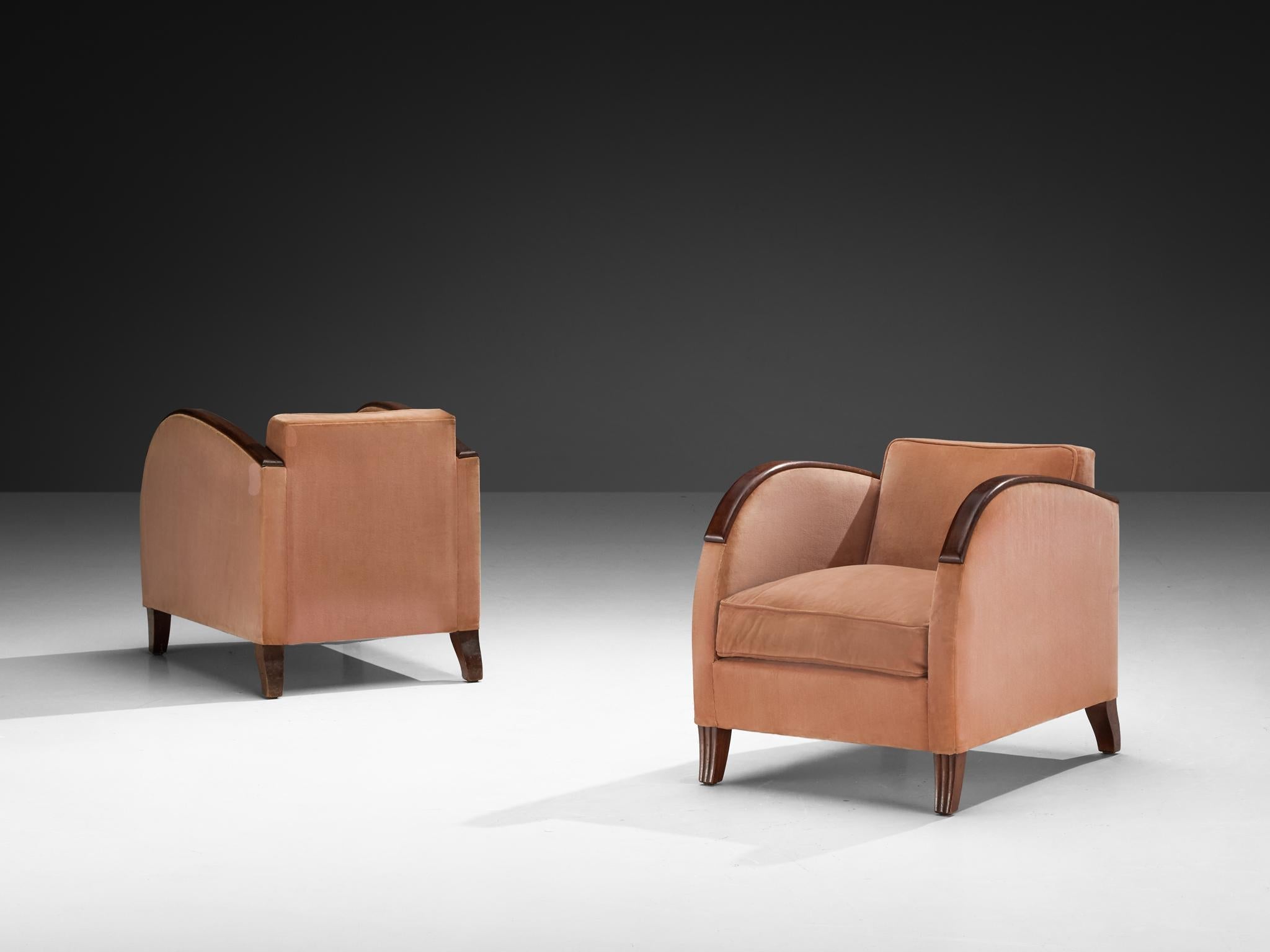 Rare Victor Courtray Pair of Lounge Chairs in in Dusty Pink Velvet & Walnut