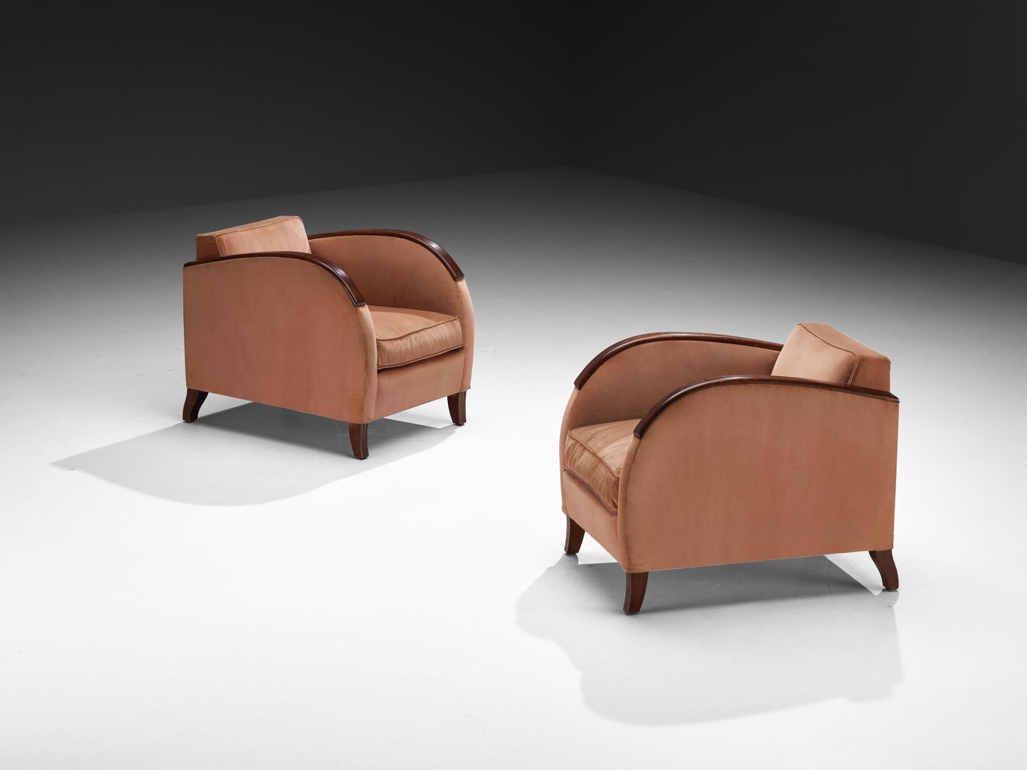 Rare Victor Courtray Pair of Lounge Chairs in in Dusty Pink Velvet & Walnut