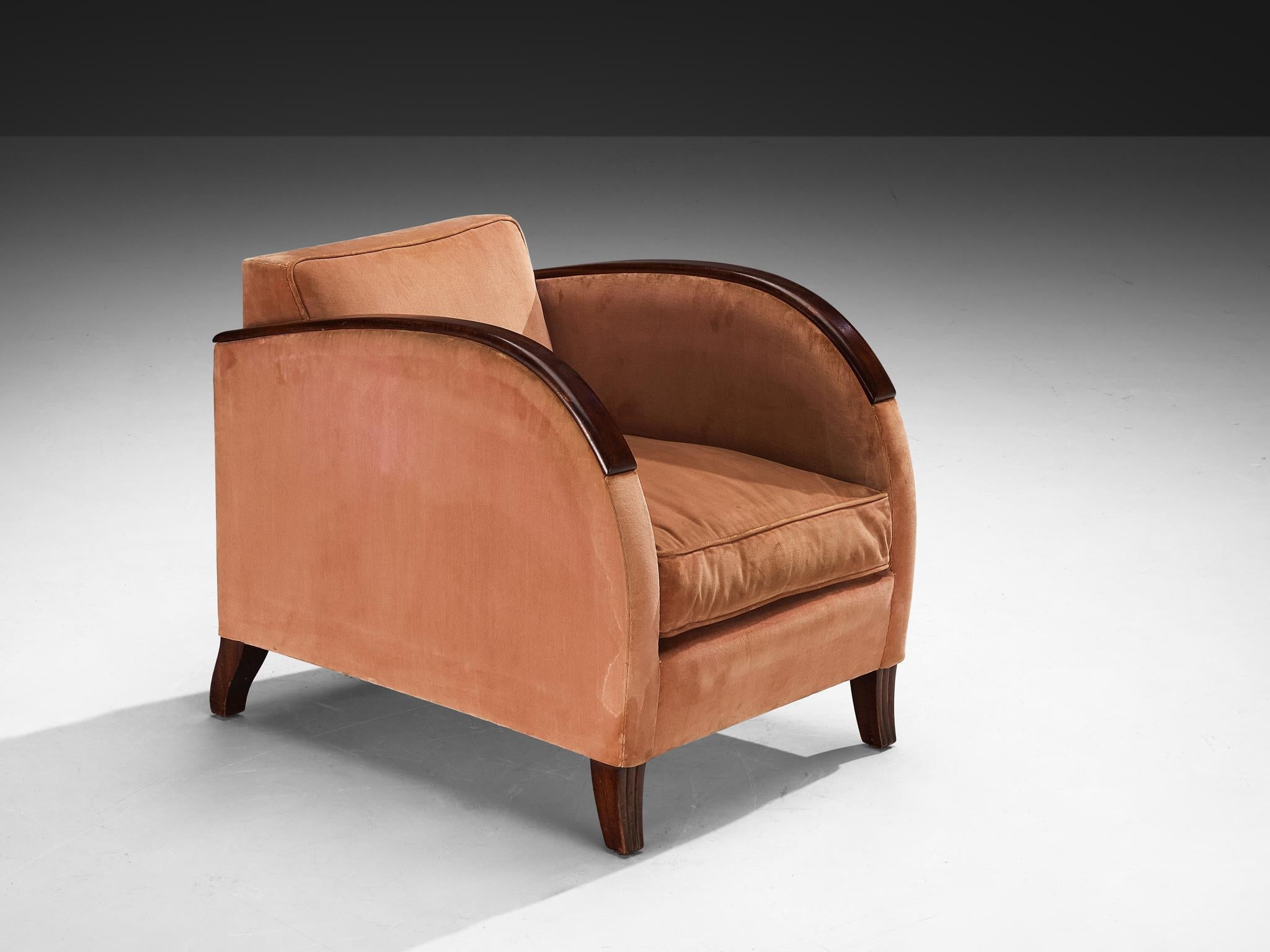 Rare Victor Courtray Pair of Lounge Chairs in in Dusty Pink Velvet & Walnut