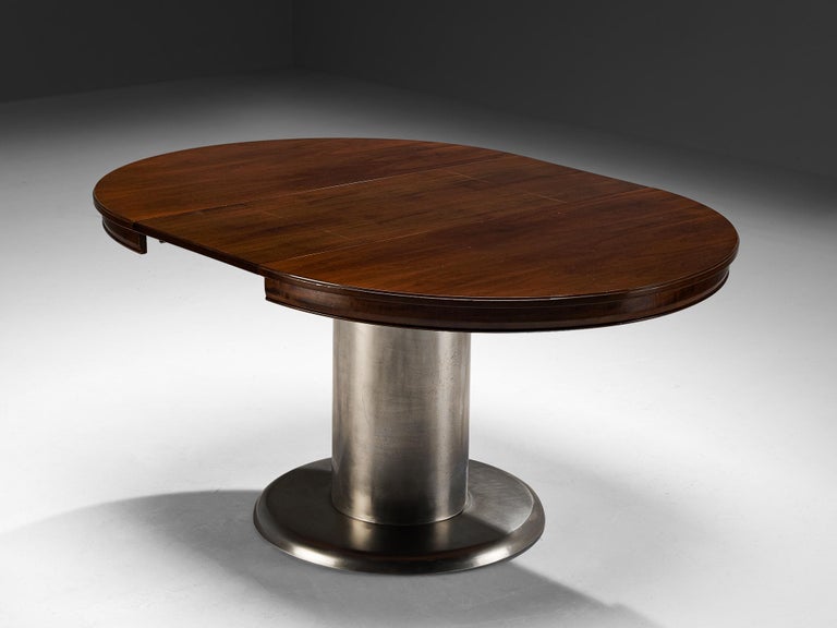 Italian Round Extendable Dining Table in Walnut and Nickel-Plated Steel