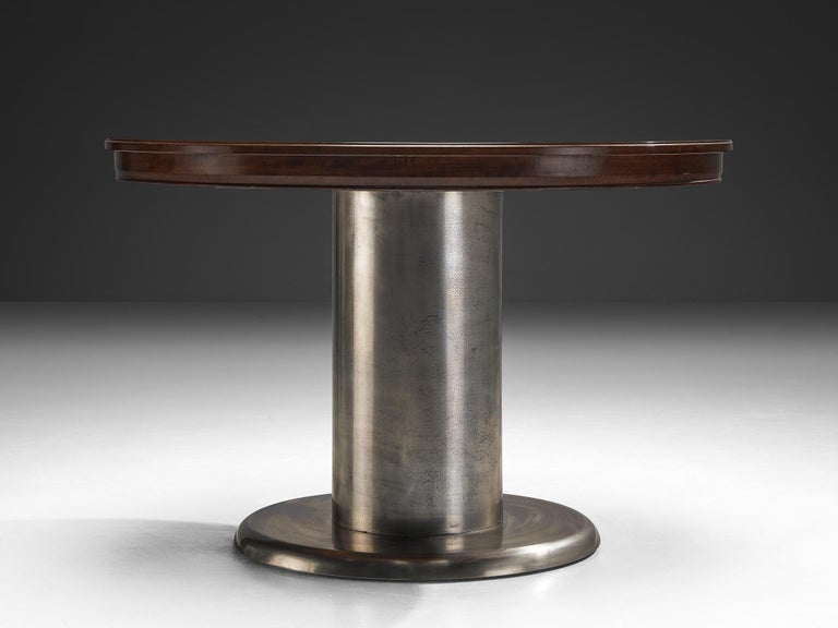 Italian Round Extendable Dining Table in Walnut and Nickel-Plated Steel