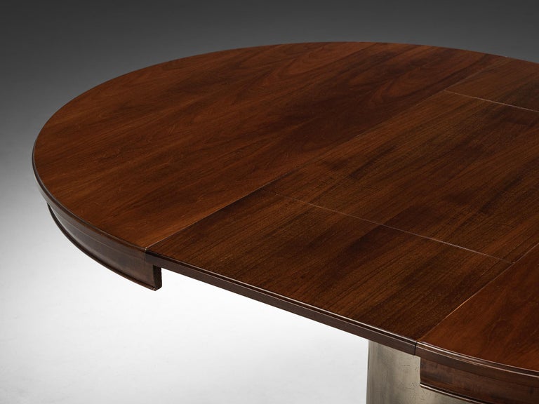 Italian Round Extendable Dining Table in Walnut and Nickel-Plated Steel