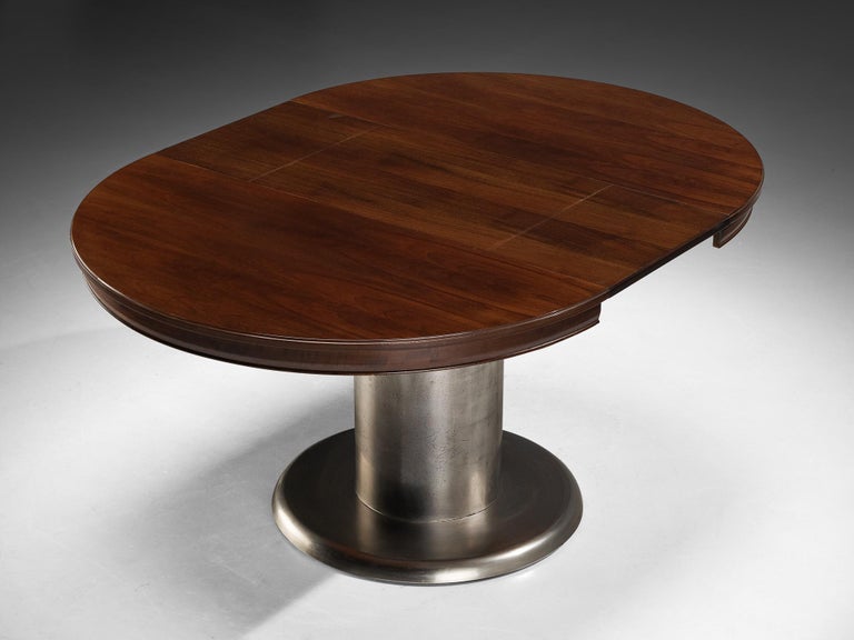 Italian Round Extendable Dining Table in Walnut and Nickel-Plated Steel