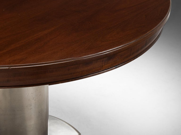 Italian Round Extendable Dining Table in Walnut and Nickel-Plated Steel