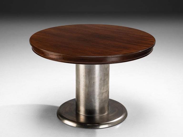 Italian Round Extendable Dining Table in Walnut and Nickel-Plated Steel