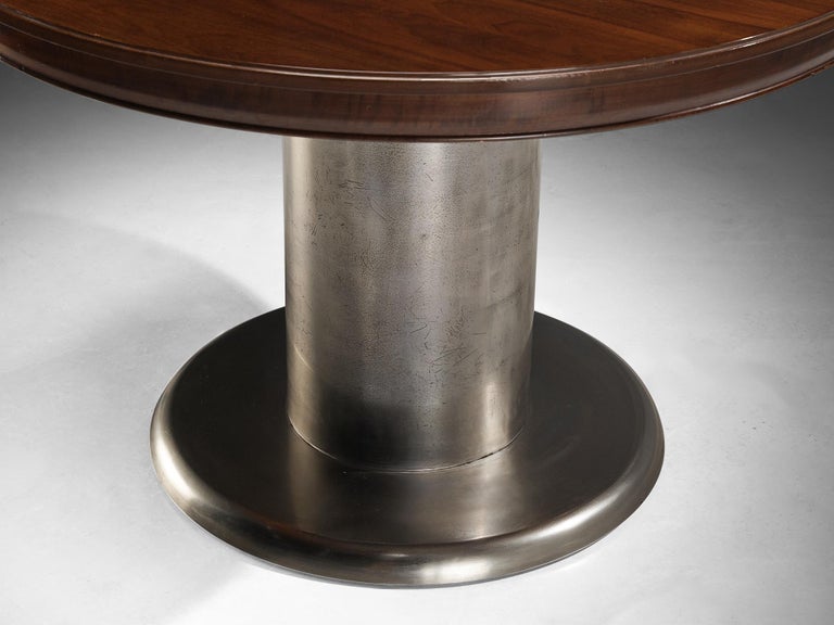 Italian Round Extendable Dining Table in Walnut and Nickel-Plated Steel