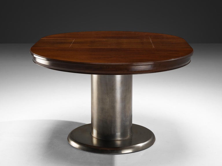 Italian Round Extendable Dining Table in Walnut and Nickel-Plated Steel