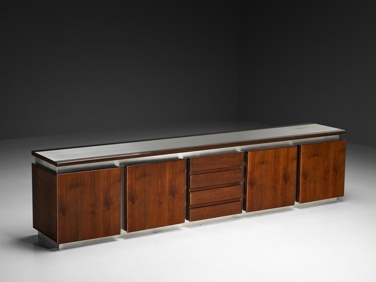 Postmodern Italian Sideboard in Stainless Steel and Walnut 324 cm/127 in