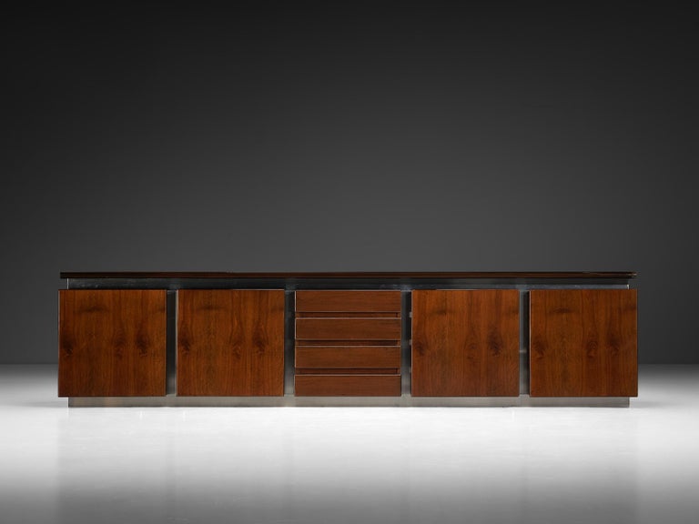 Postmodern Italian Sideboard in Stainless Steel and Walnut 324 cm/127 in