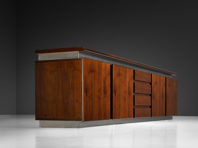 Postmodern Italian Sideboard in Stainless Steel and Walnut 324 cm/127 in