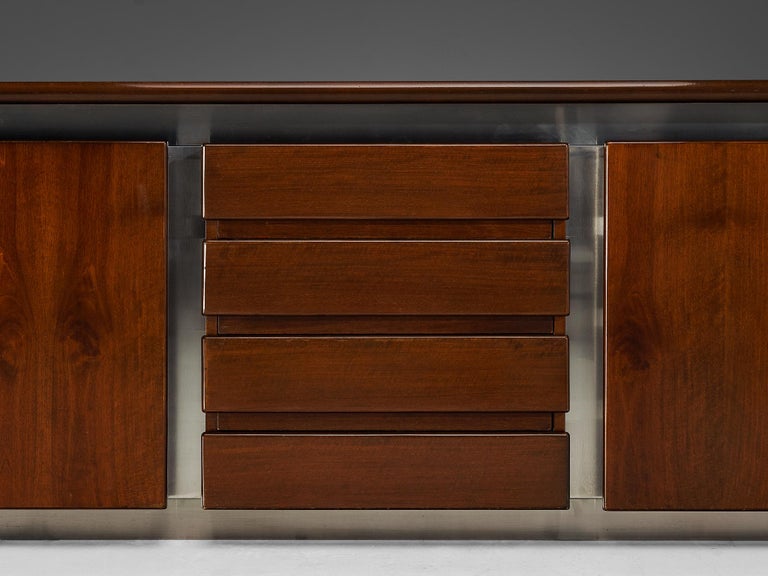 Postmodern Italian Sideboard in Stainless Steel and Walnut 324 cm/127 in