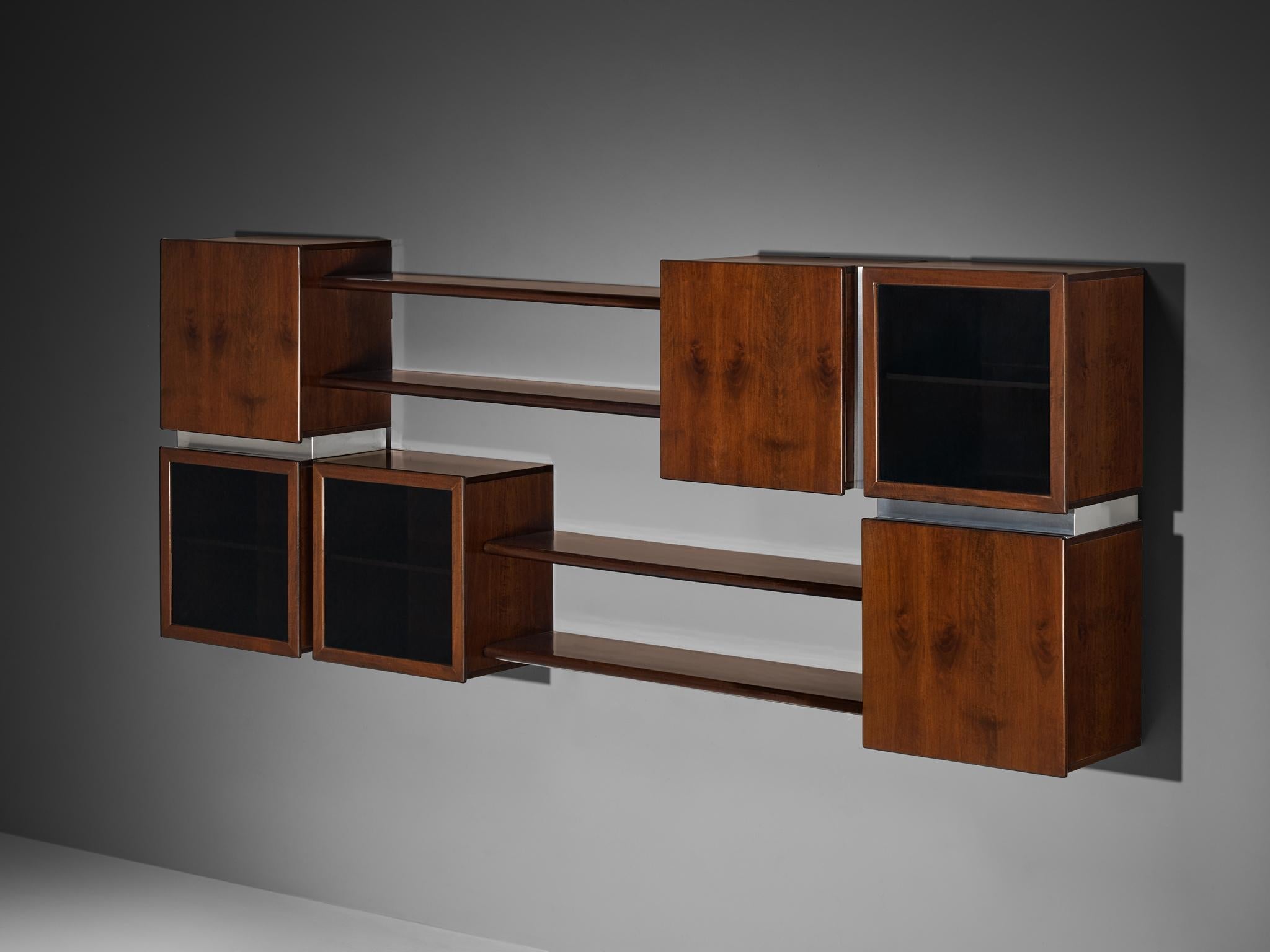 Italian Modular Shelving Wall Unit with Cabinets in Walnut Stainless Steel