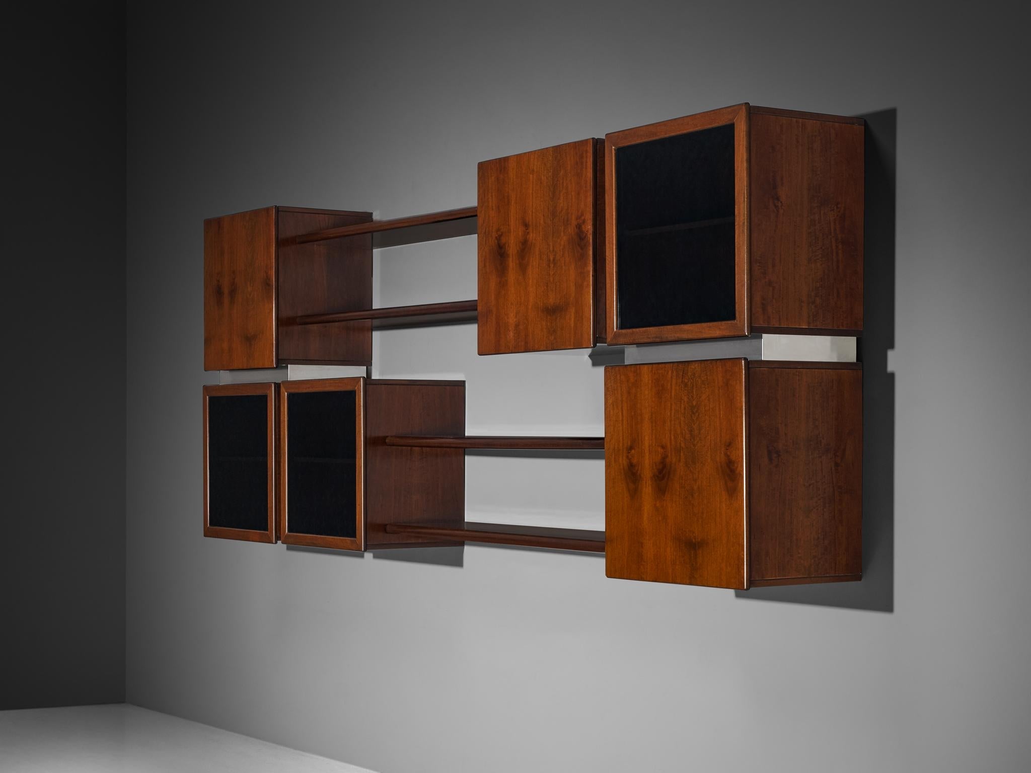 Italian Modular Shelving Wall Unit with Cabinets in Walnut Stainless Steel