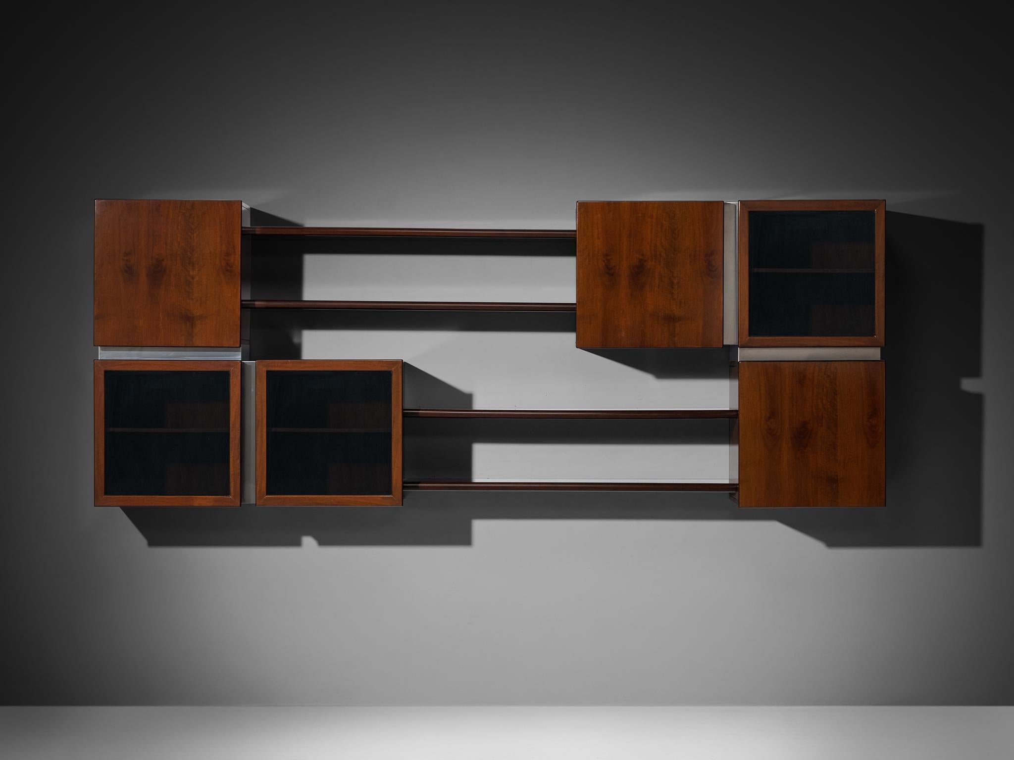 Italian Modular Shelving Wall Unit with Cabinets in Walnut Stainless Steel