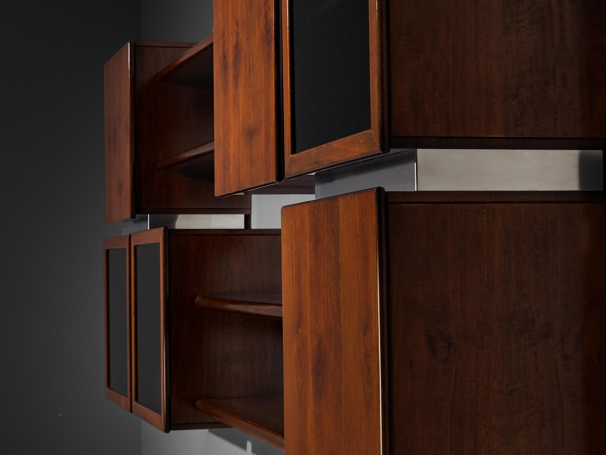 Italian Modular Shelving Wall Unit with Cabinets in Walnut Stainless Steel