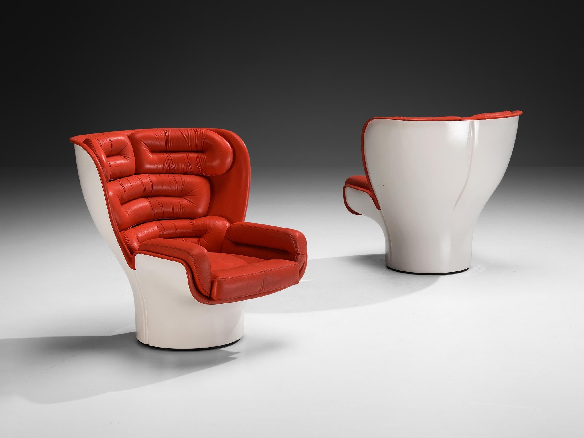 Joe Colombo for Comfort 'Elda' Lounge Chairs in Red Leather and Fiberglass