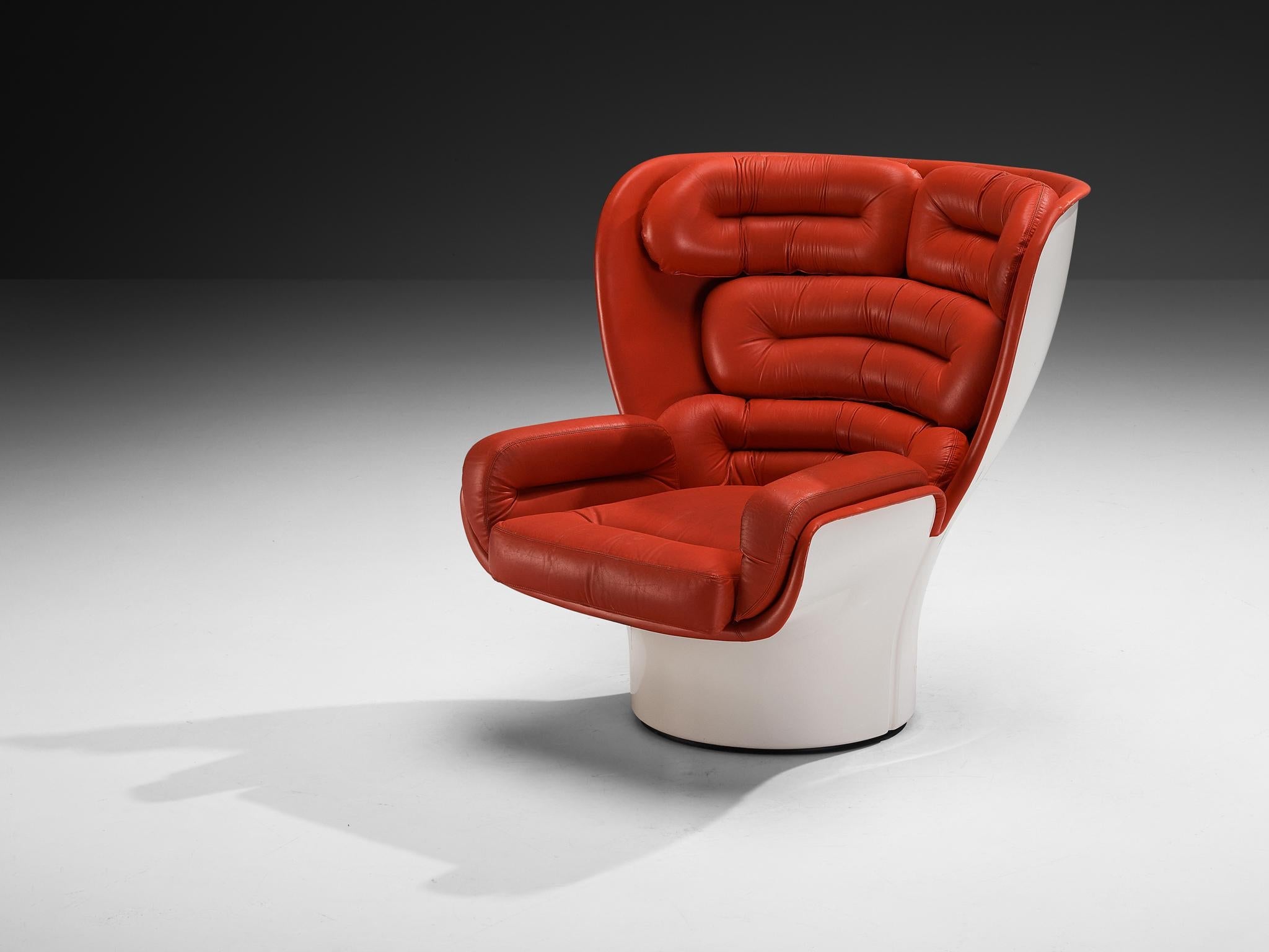 Joe Colombo for Comfort 'Elda' Lounge Chair in Red Leather and Fiberglass