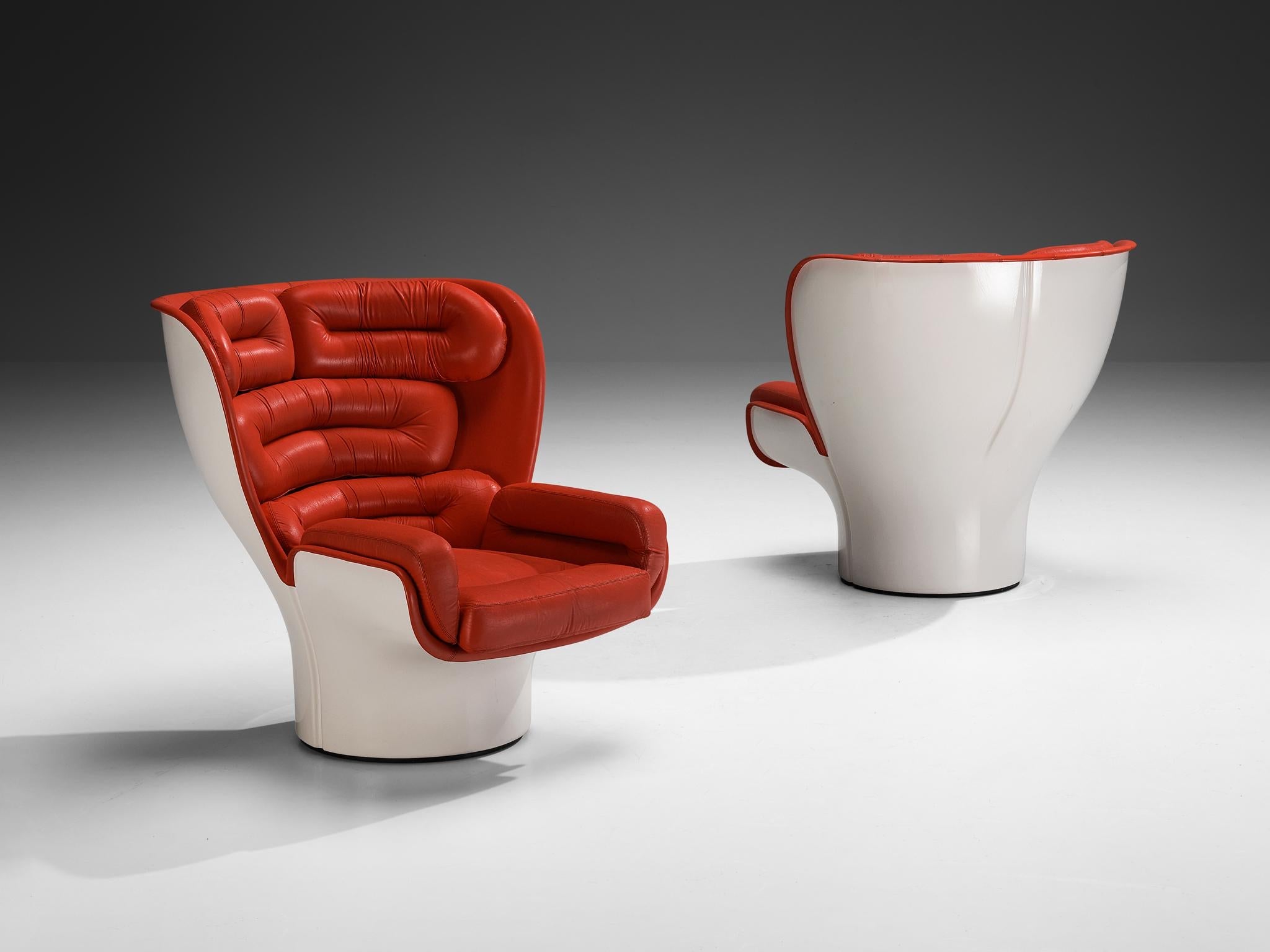 Joe Colombo for Comfort 'Elda' Lounge Chairs in Red Leather and Fiberglass