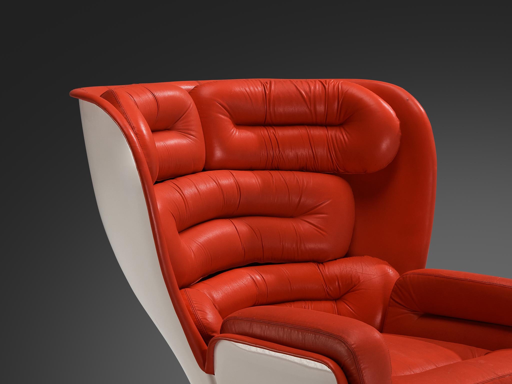 Joe Colombo for Comfort 'Elda' Lounge Chair in Red Leather and Fiberglass