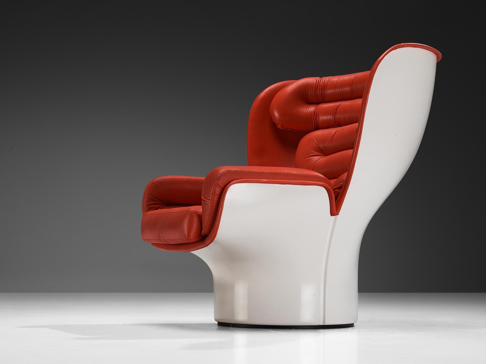 Joe Colombo for Comfort 'Elda' Lounge Chair in Red Leather and Fiberglass