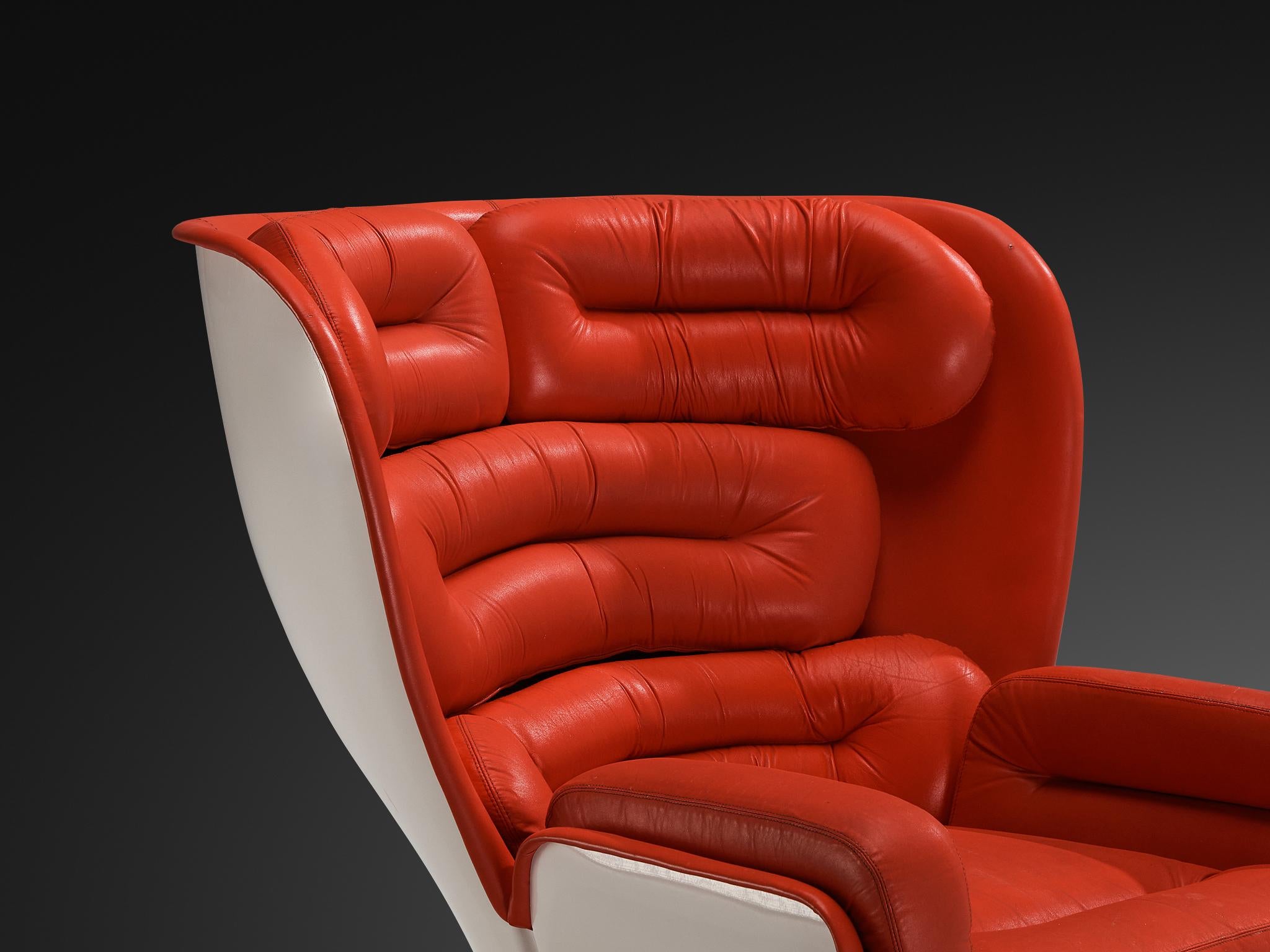 Joe Colombo for Comfort 'Elda' Lounge Chairs in Red Leather and Fiberglass