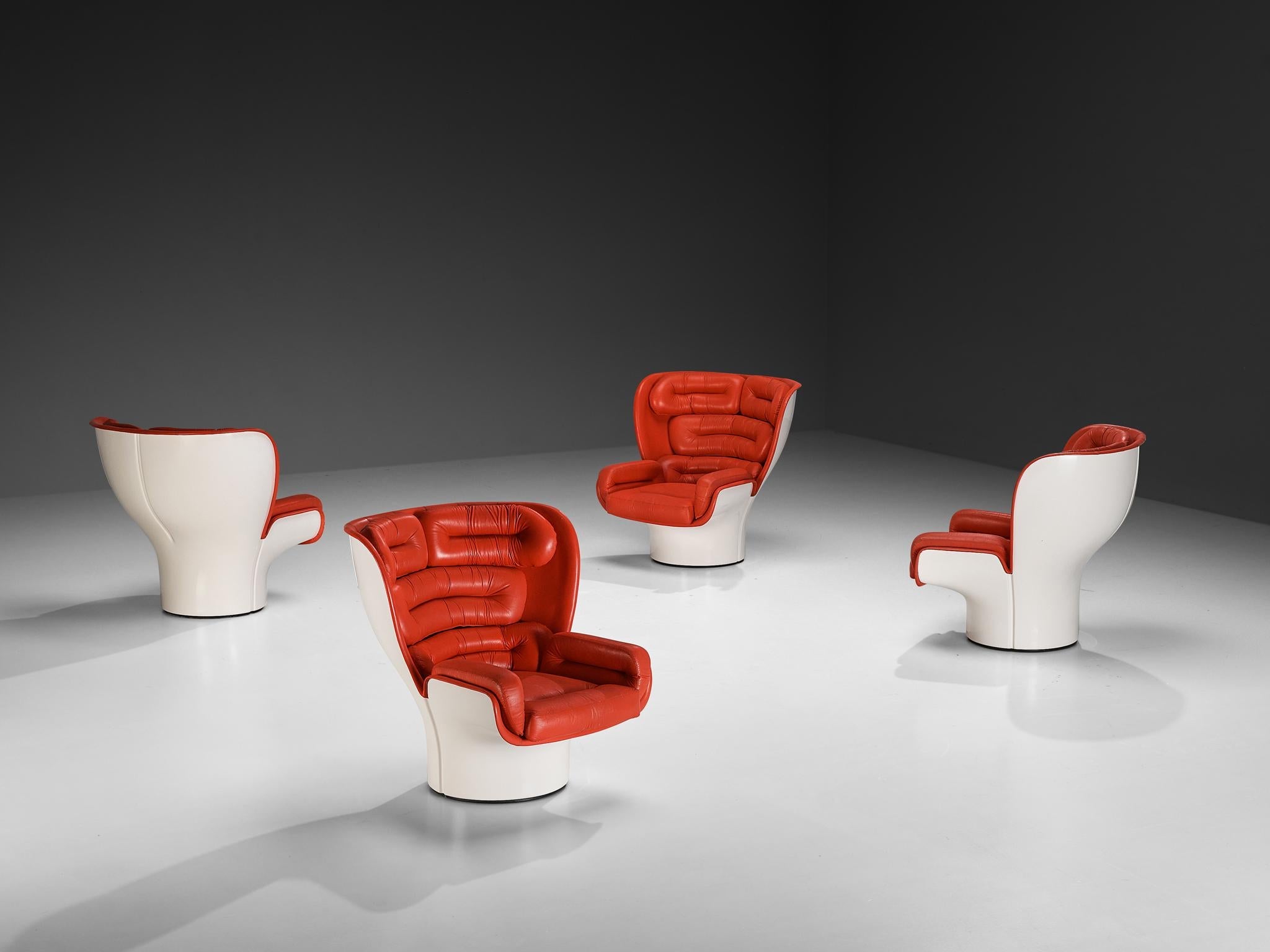 Joe Colombo for Comfort 'Elda' Lounge Chairs in Red Leather and Fiberglass