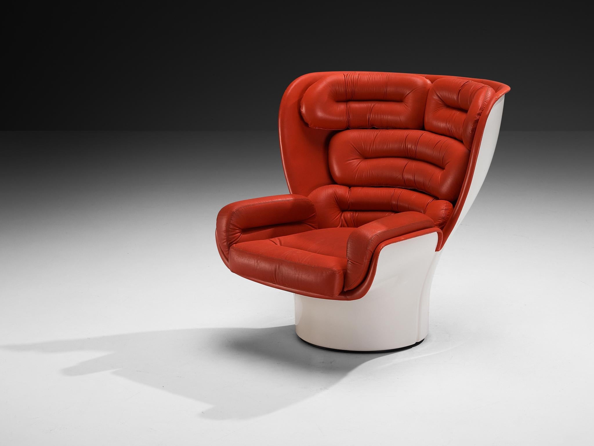 Joe Colombo for Comfort 'Elda' Lounge Chairs in Red Leather and Fiberglass