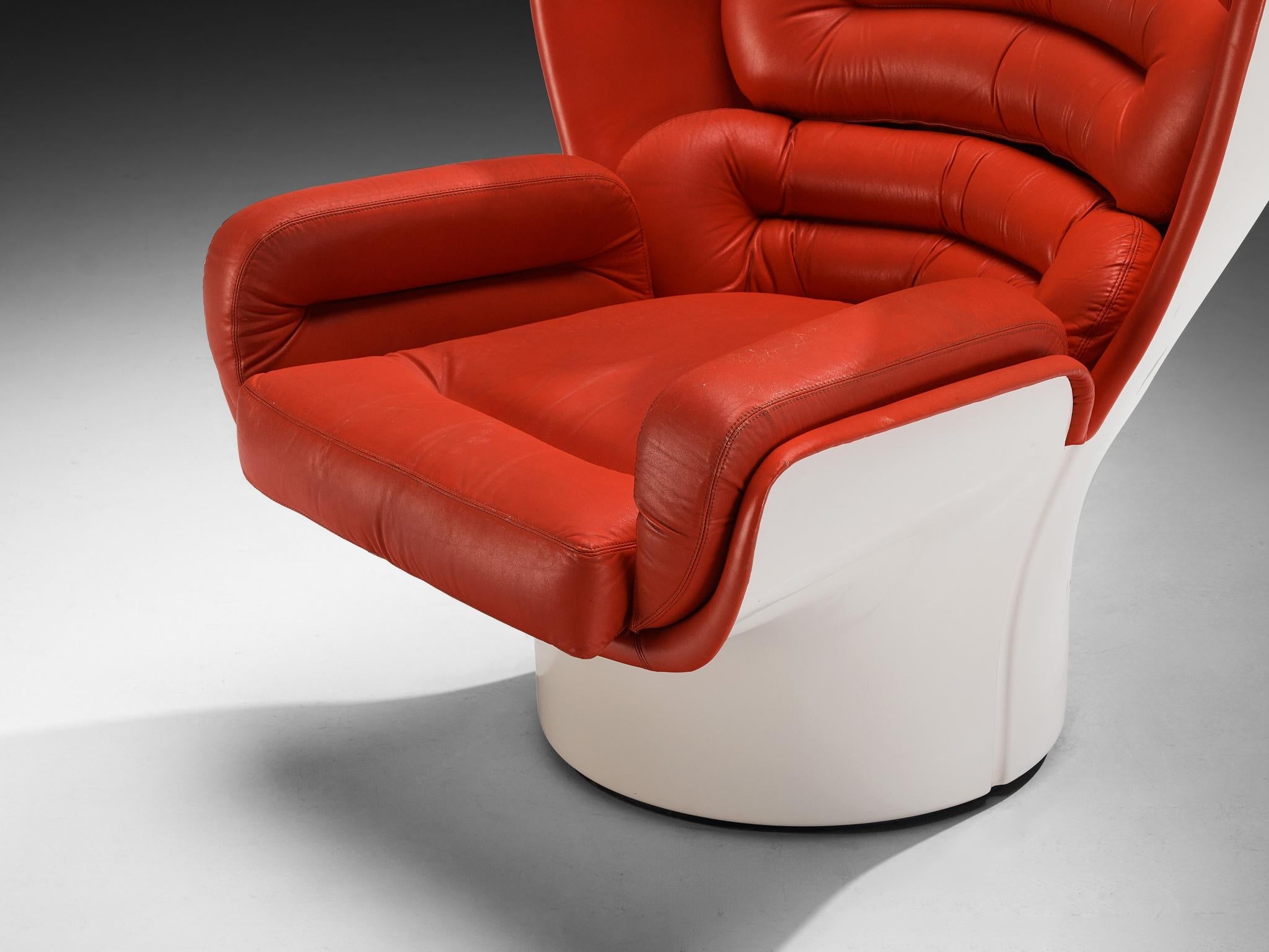 Joe Colombo for Comfort 'Elda' Lounge Chair in Red Leather and Fiberglass