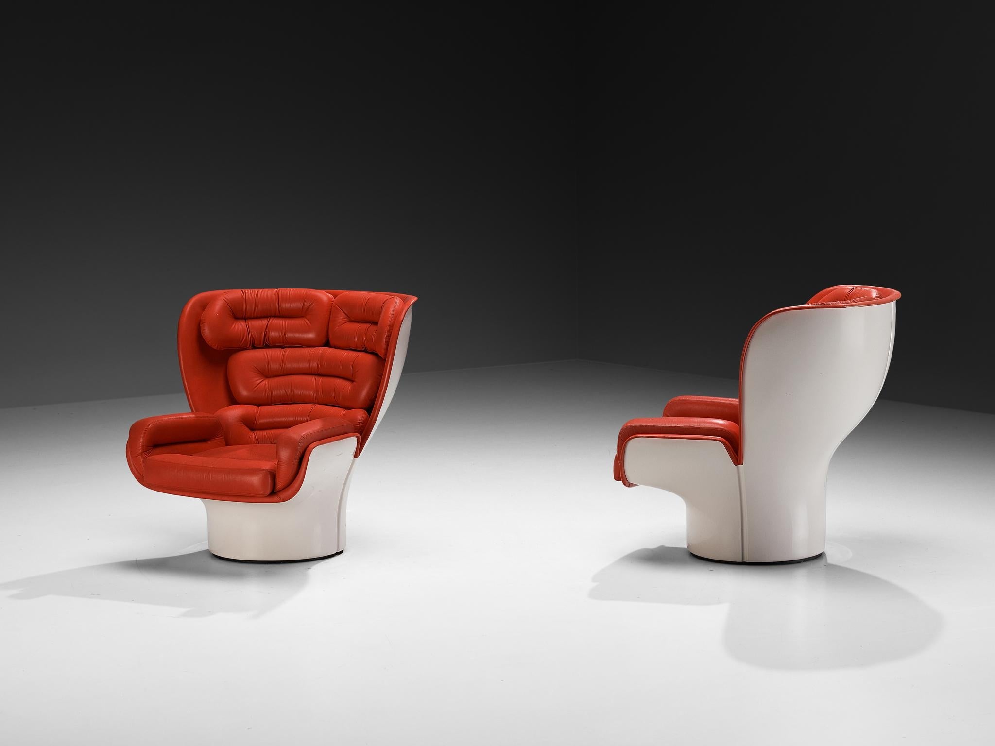 Joe Colombo for Comfort 'Elda' Lounge Chairs in Red Leather and Fiberglass