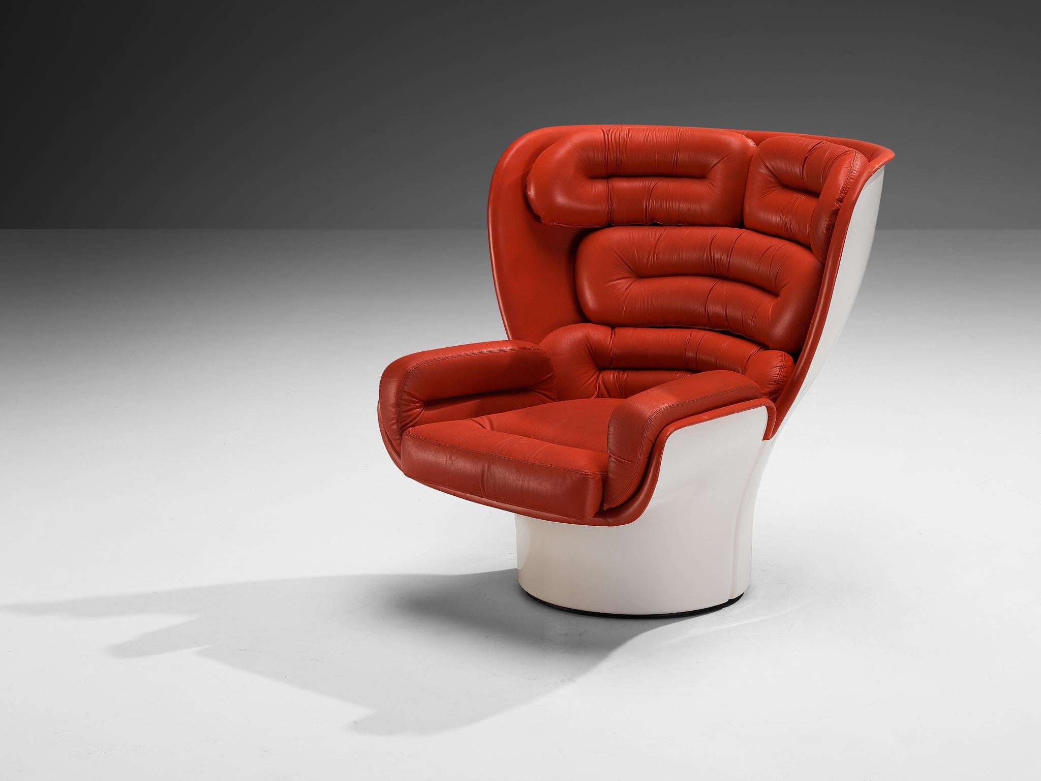 Joe Colombo for Comfort 'Elda' Lounge Chairs in Red Leather and Fiberglass