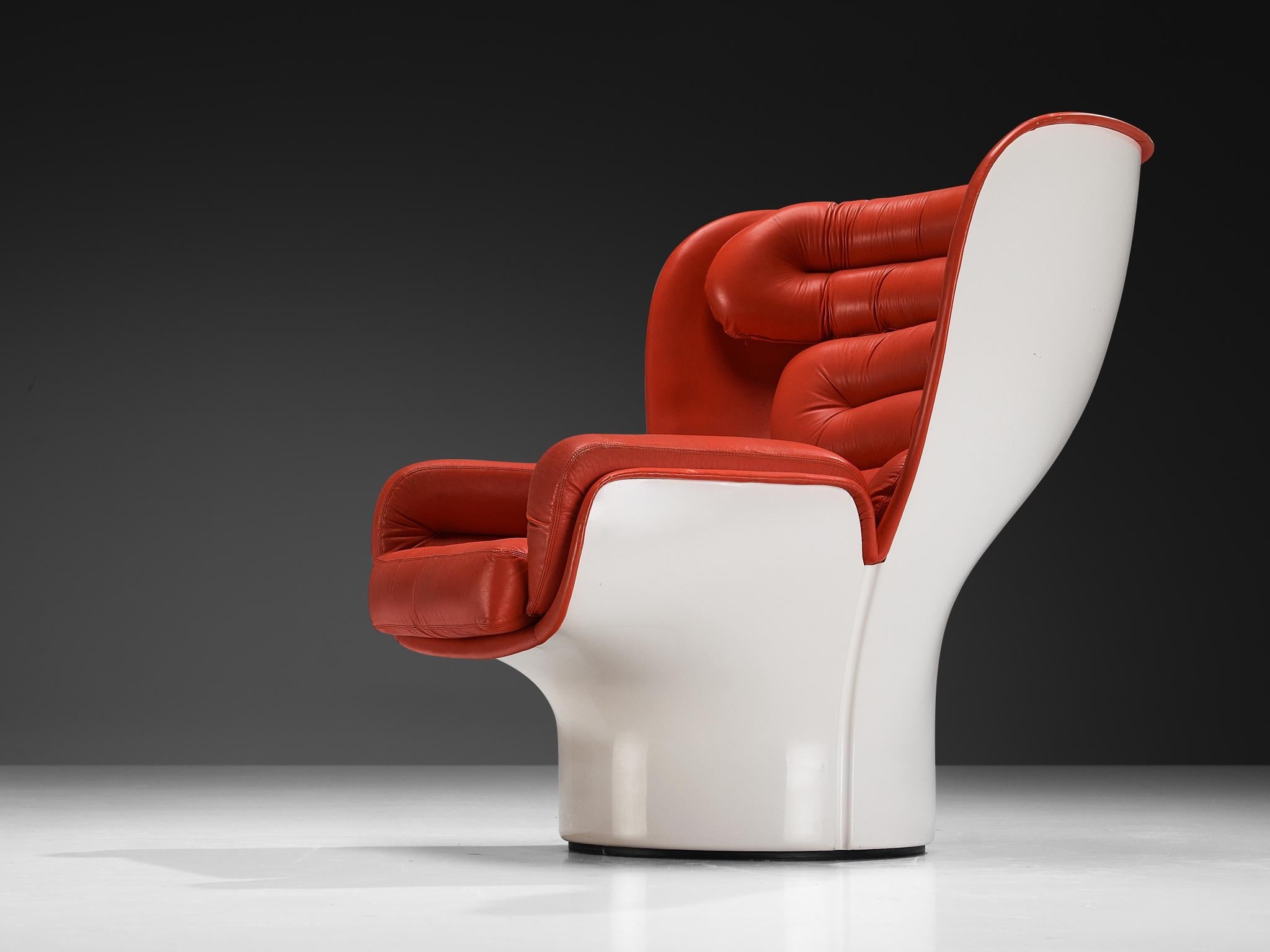 Joe Colombo for Comfort 'Elda' Lounge Chairs in Red Leather and Fiberglass