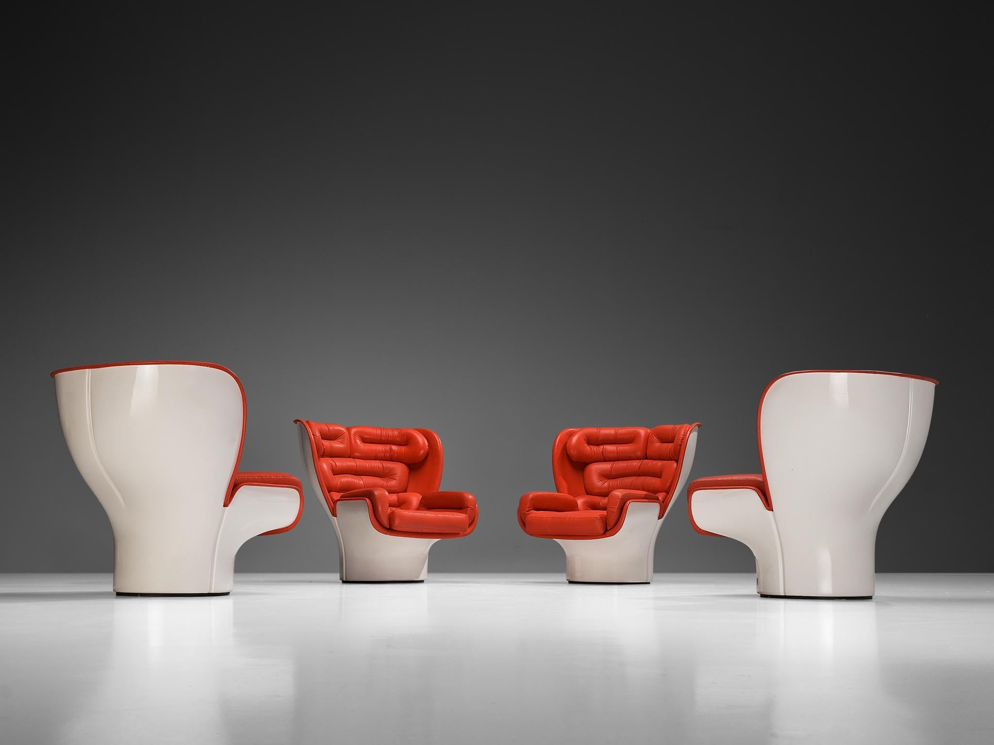 Joe Colombo for Comfort 'Elda' Lounge Chairs in Red Leather and Fiberglass