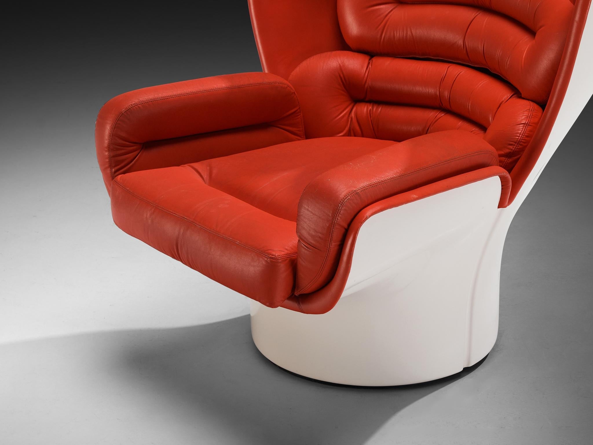 Joe Colombo for Comfort 'Elda' Lounge Chairs in Red Leather and Fiberglass