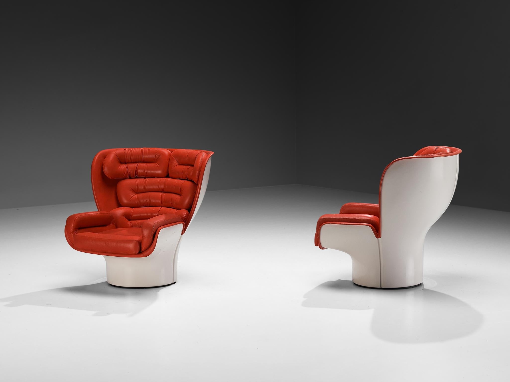 Joe Colombo for Comfort 'Elda' Lounge Chairs in Red Leather and Fiberglass