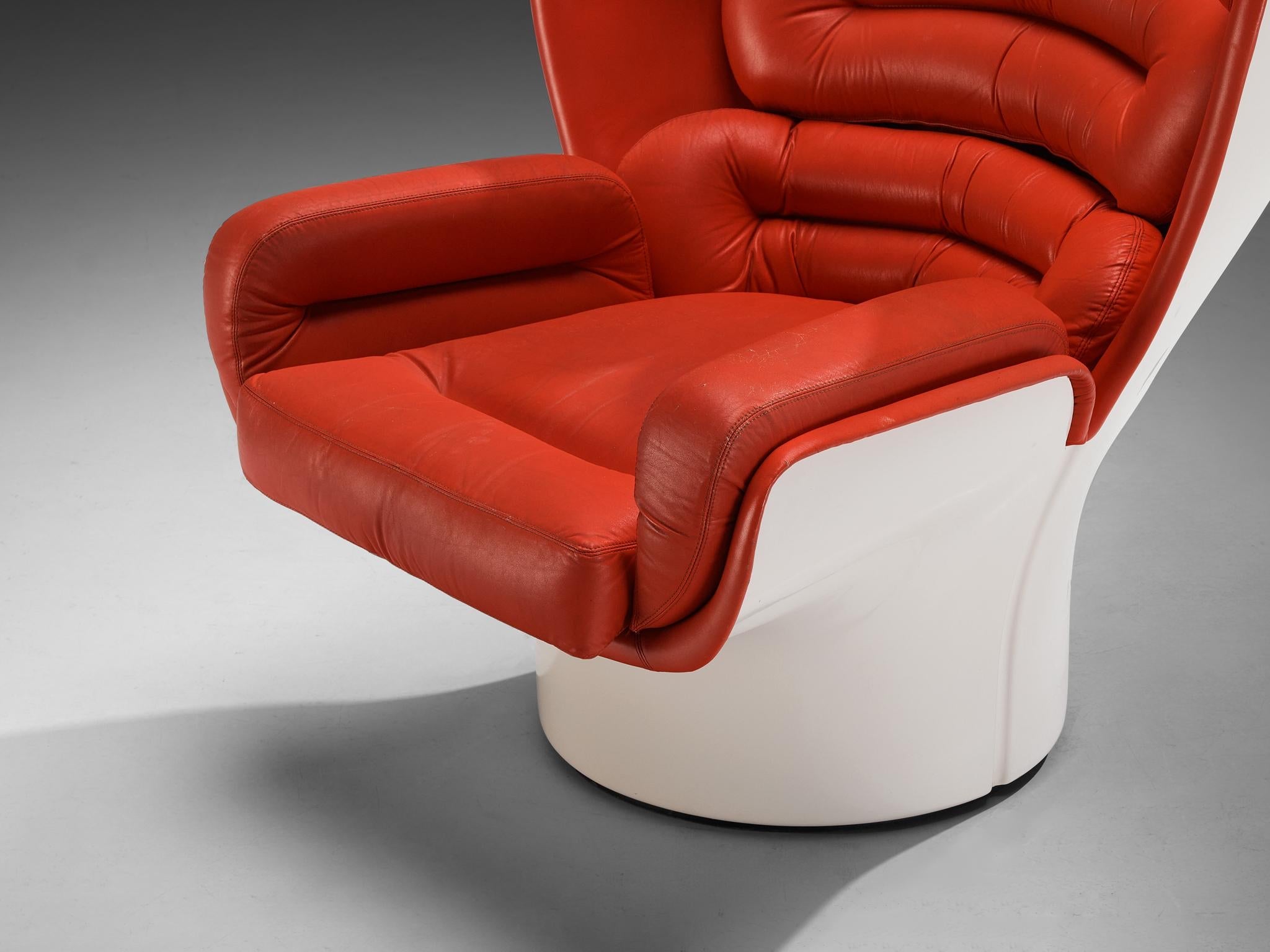 Joe Colombo for Comfort 'Elda' Lounge Chairs in Red Leather and Fiberglass