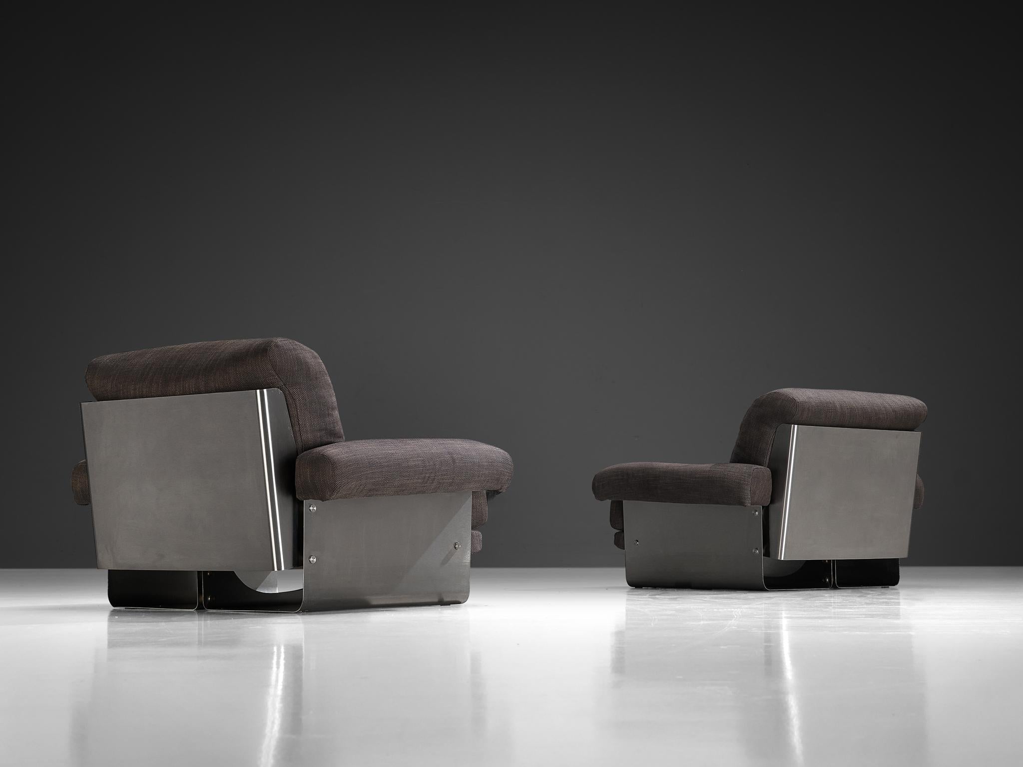 Post-Modern French Pair of Lounge Chairs in Brushed Steel & Grey Upholstery