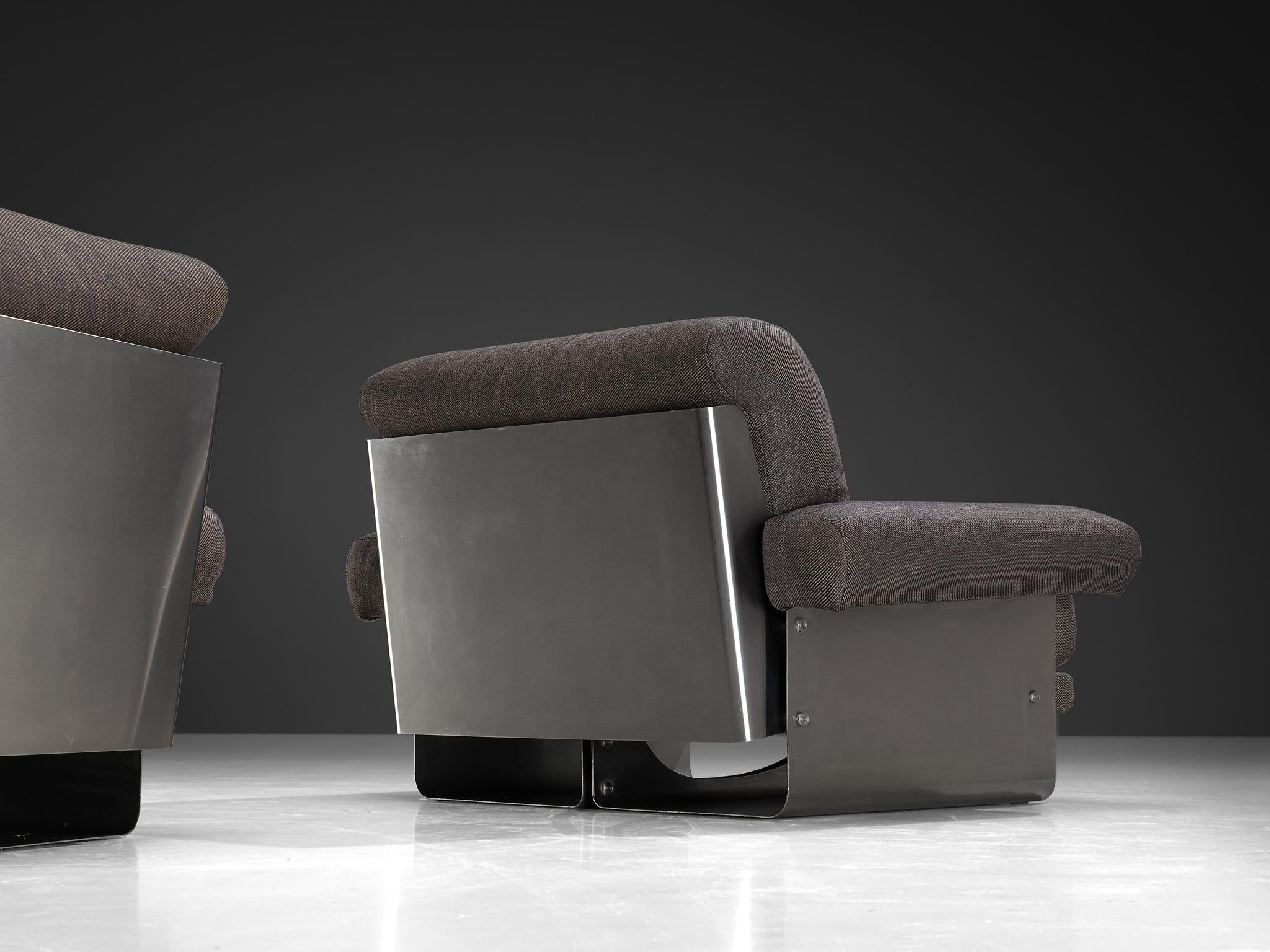 Post-Modern French Pair of Lounge Chairs in Brushed Steel & Grey Upholstery