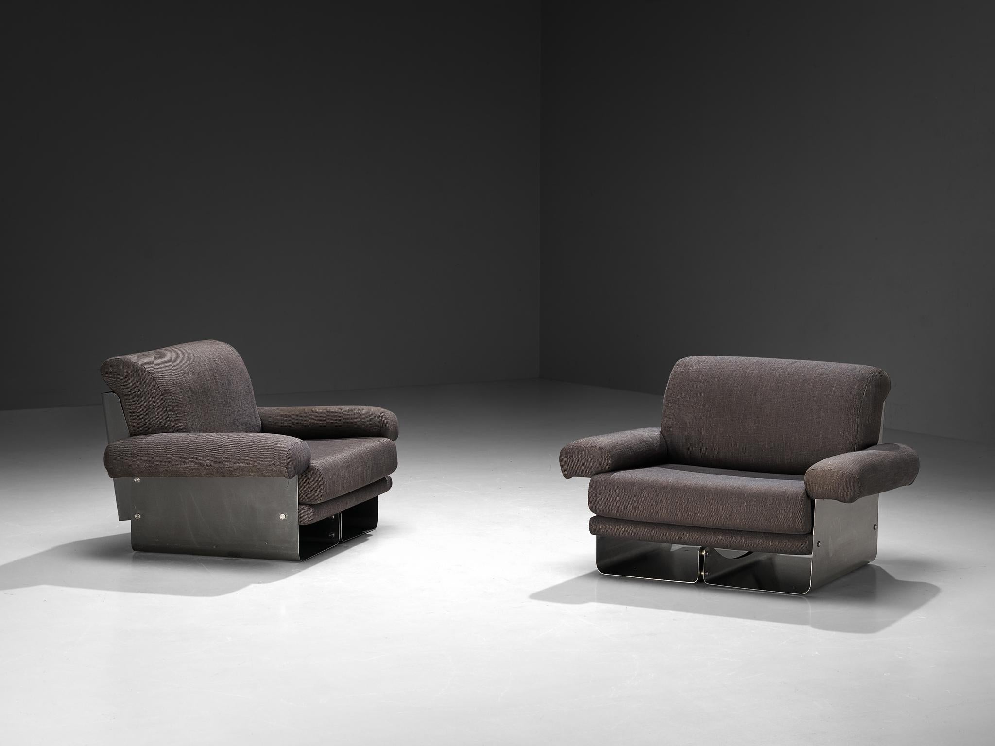 Post-Modern French Pair of Lounge Chairs in Brushed Steel & Grey Upholstery