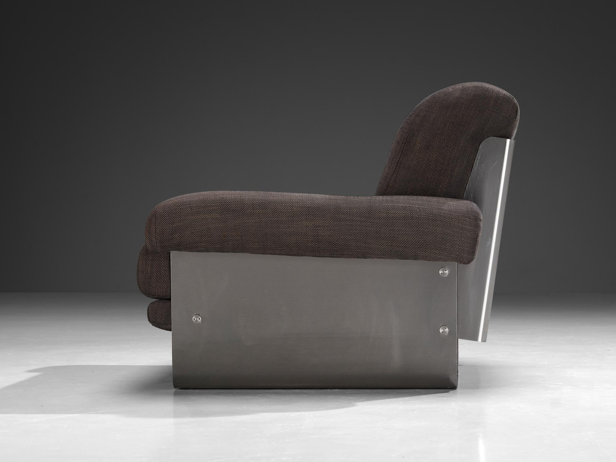 Post-Modern French Pair of Lounge Chairs in Brushed Steel & Grey Upholstery