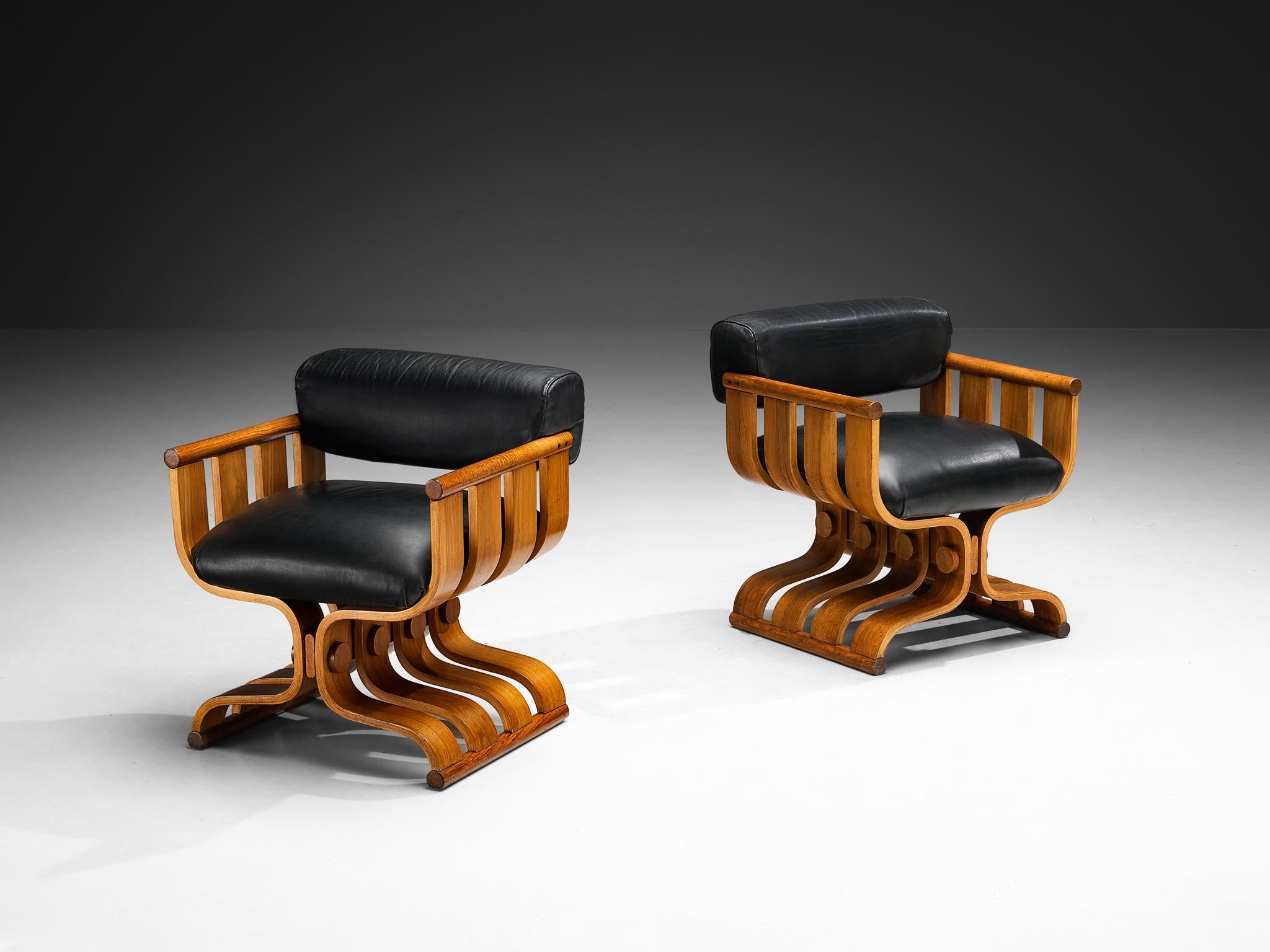 Sculptural Armchairs with Organic Curves in Walnut & Black Leather