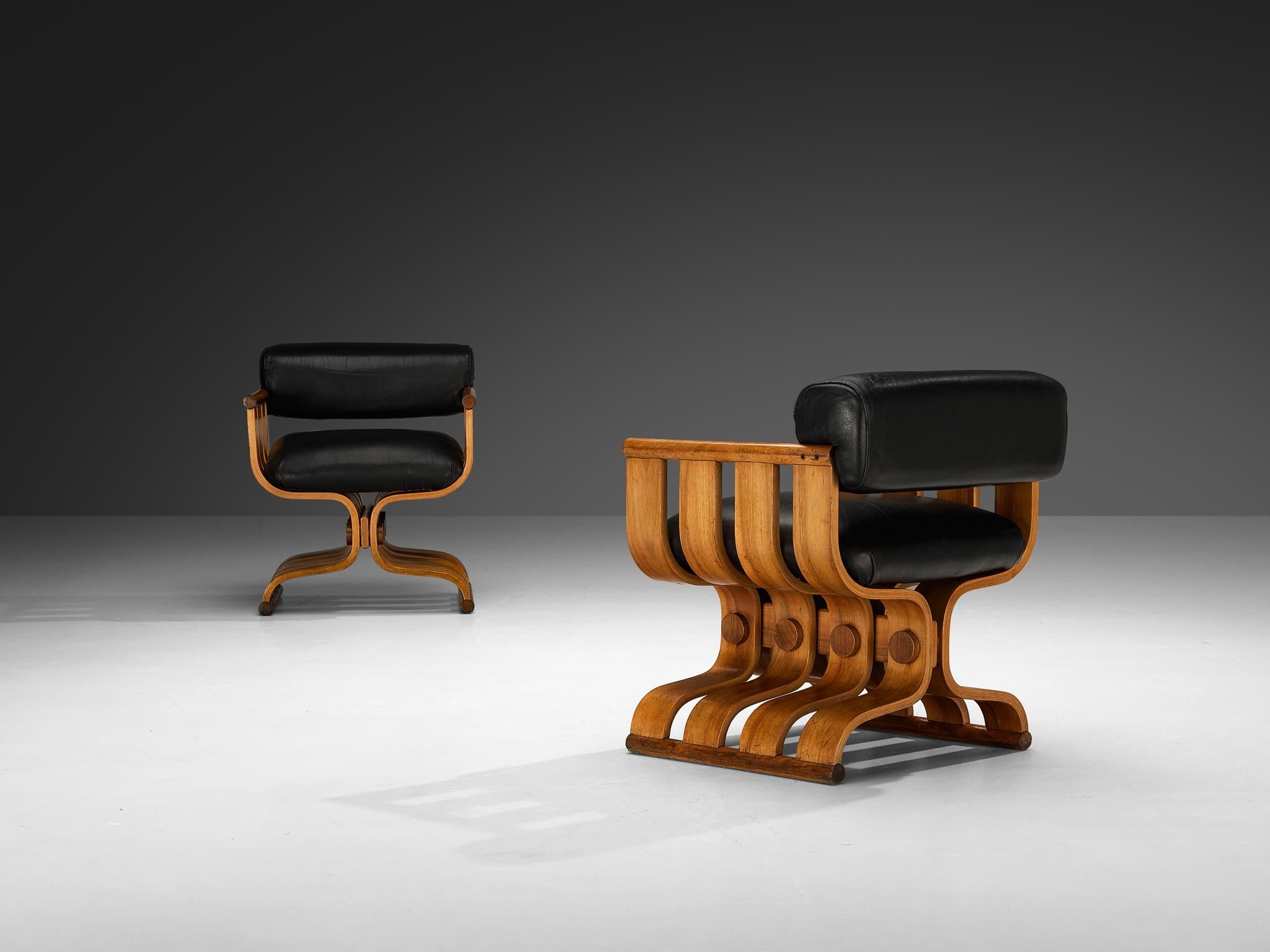 Sculptural Armchairs with Organic Curves in Walnut & Black Leather