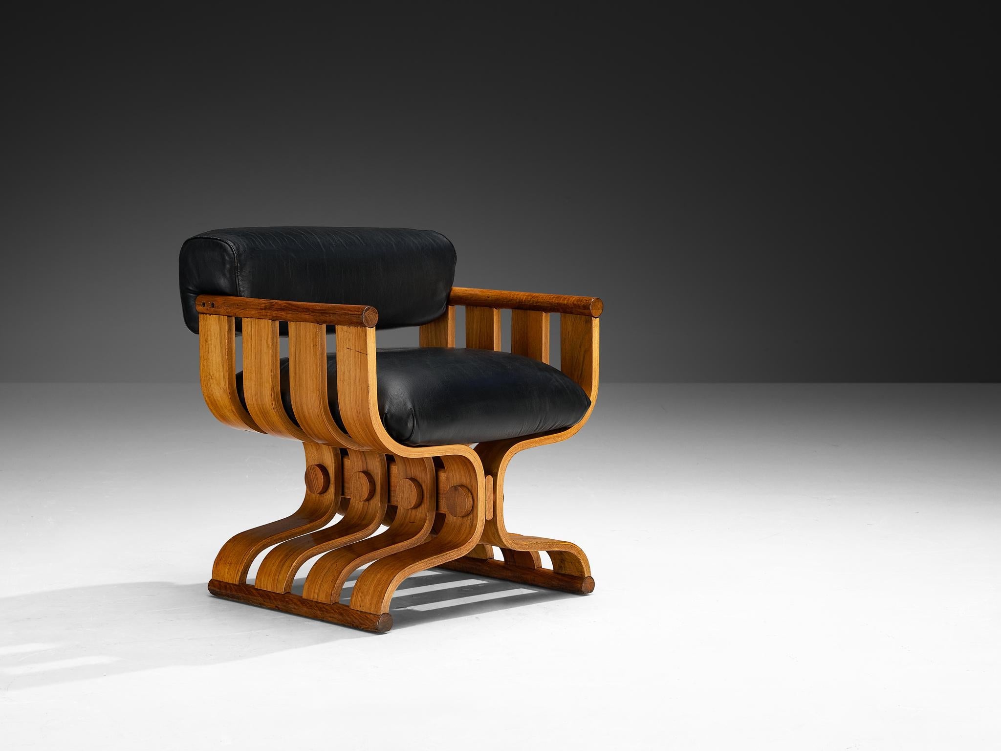 Sculptural Armchair with Organic Curves in Walnut & Black Leather