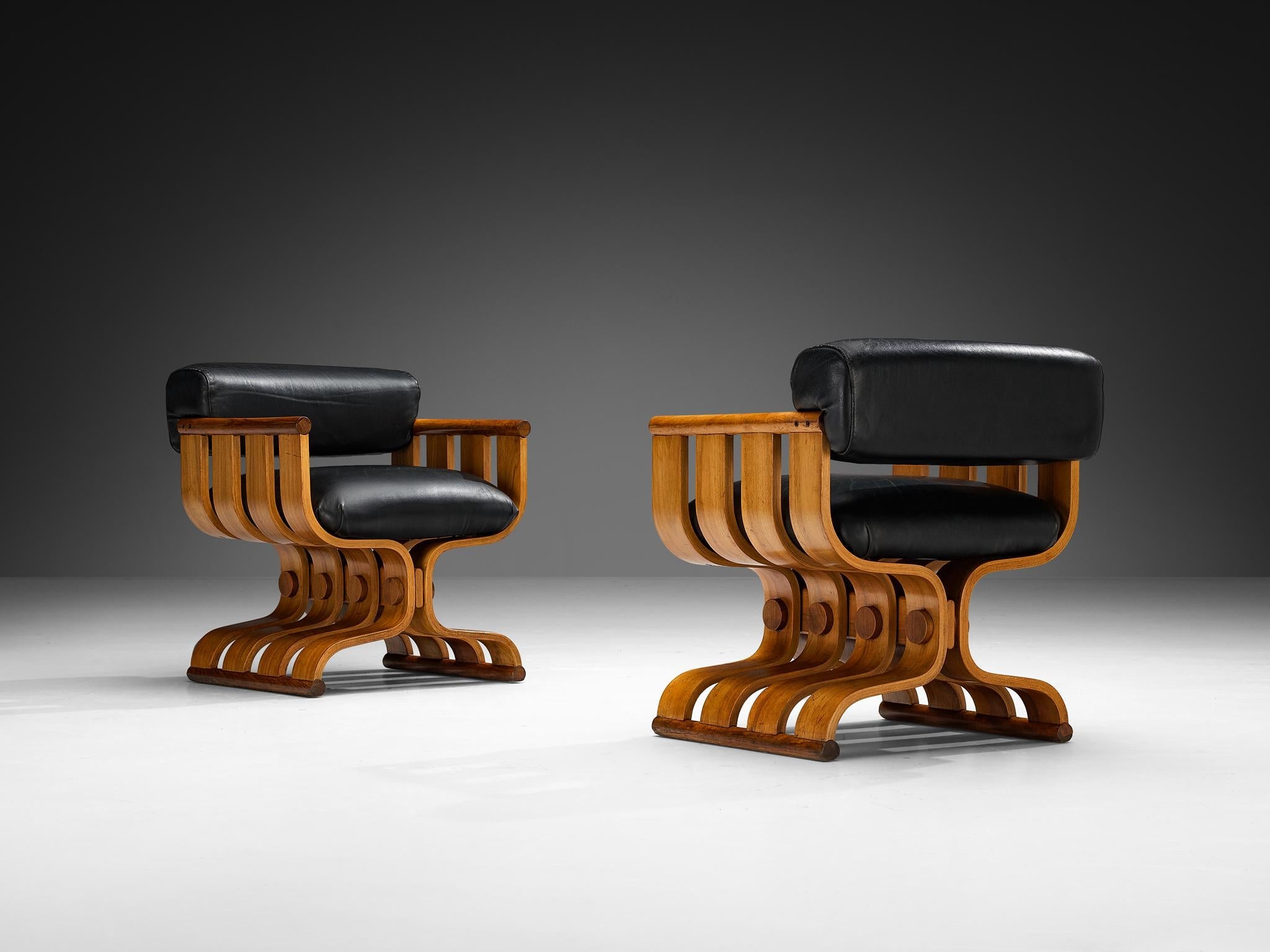 Sculptural Armchairs with Organic Curves in Walnut & Black Leather