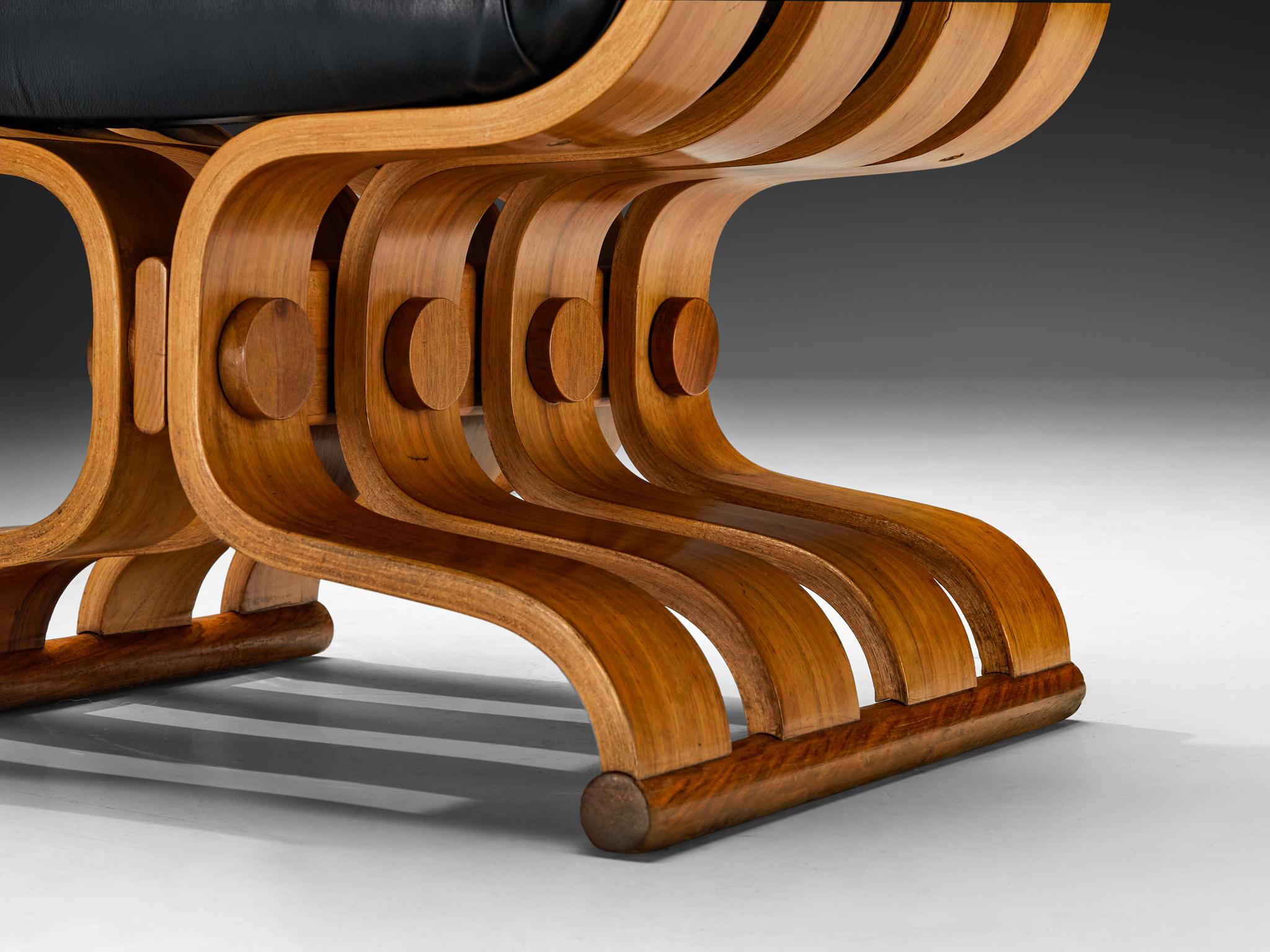 Sculptural Armchair with Organic Curves in Walnut & Black Leather